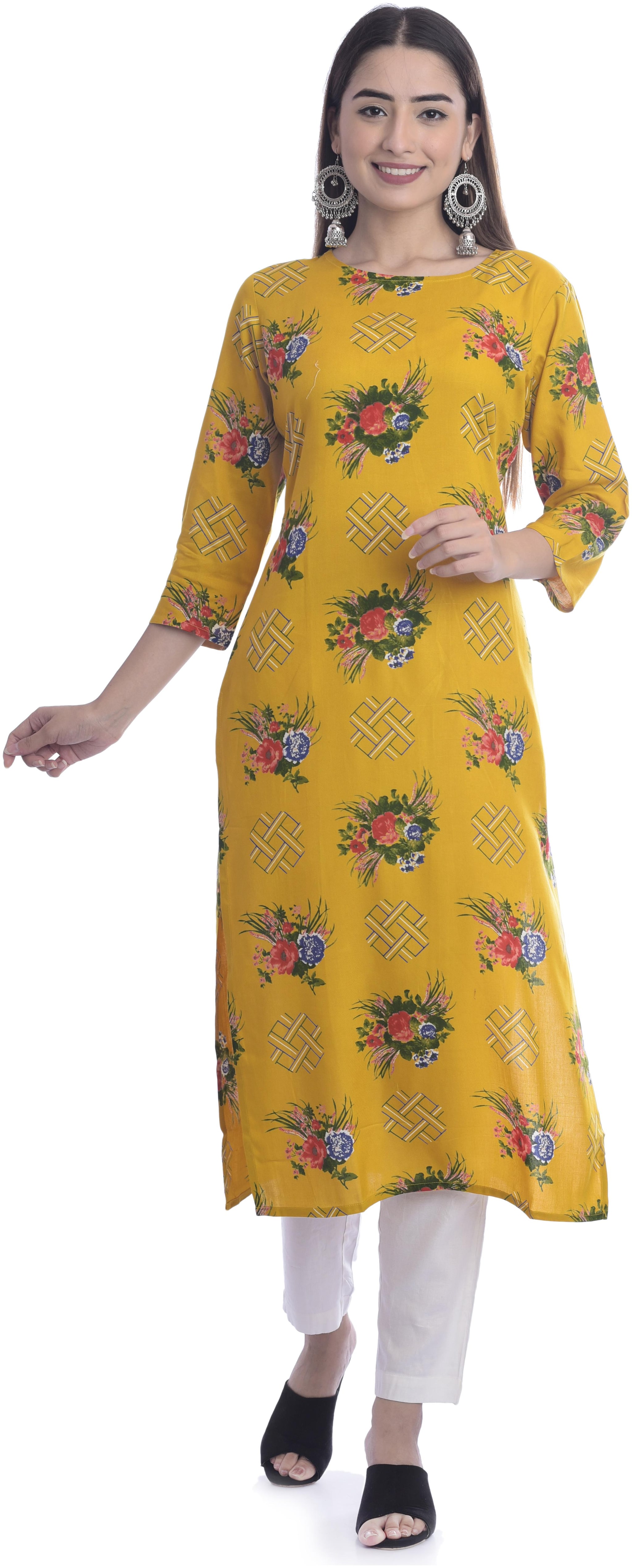 

DIVYANSHI FASHIONS Women Yellow Floral Straight Kurti