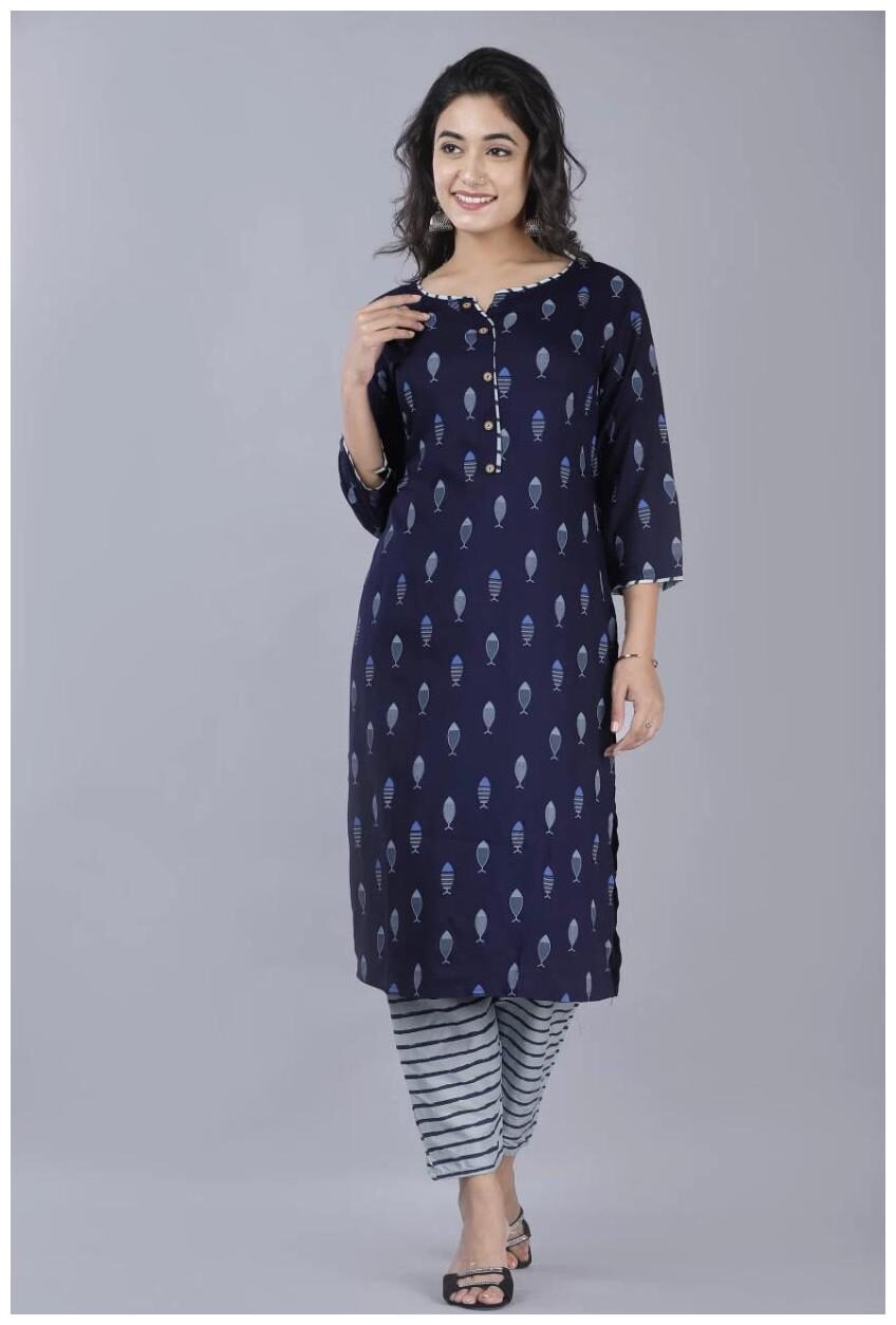 

DIVYANSHI FASHIONS Women Navy Blue Printed Regular Kurti With Pants