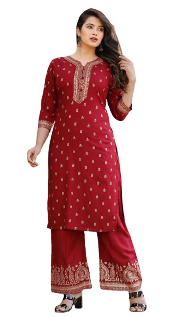 

Divyanshi Fashions Viscose Rayon Embroidered Maroon Color Kurti Palazzo For Women