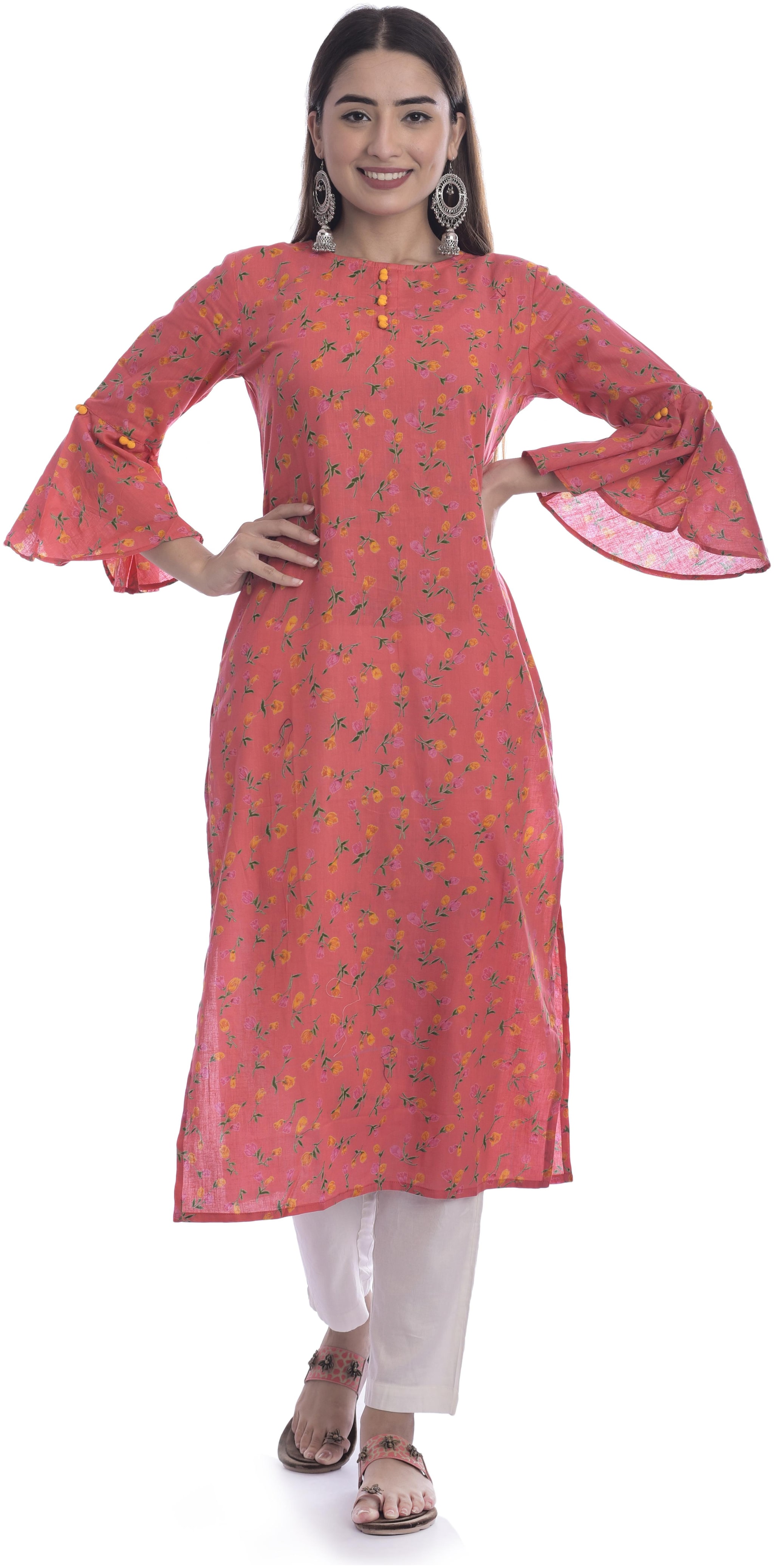 

DIVYANSHI FASHIONS Women Peach Floral Straight Kurti