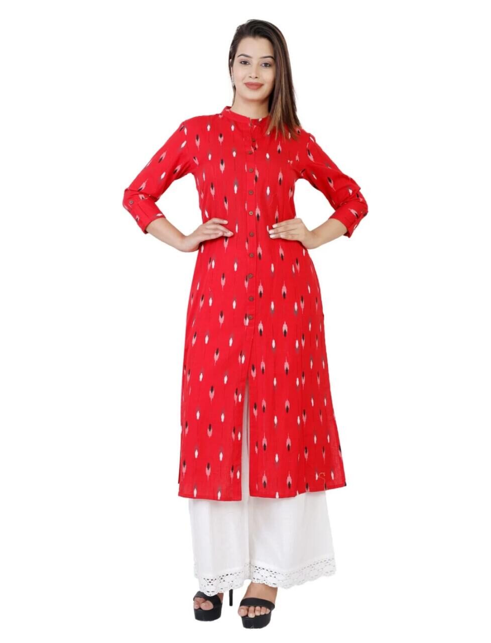 

DIVYANSHI FASHIONS Women Red White Printed High Slit Kurti With Palazzo