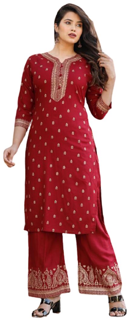 

Divyanshi Fashions Viscose Rayon Embroidered Maroon Color Kurti Palazzo For Women