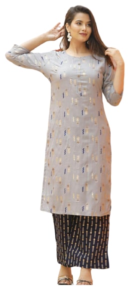 

DIVYANSHI FASHIONS Women Grey Navy Blue Printed Straight Kurti With Palazzo