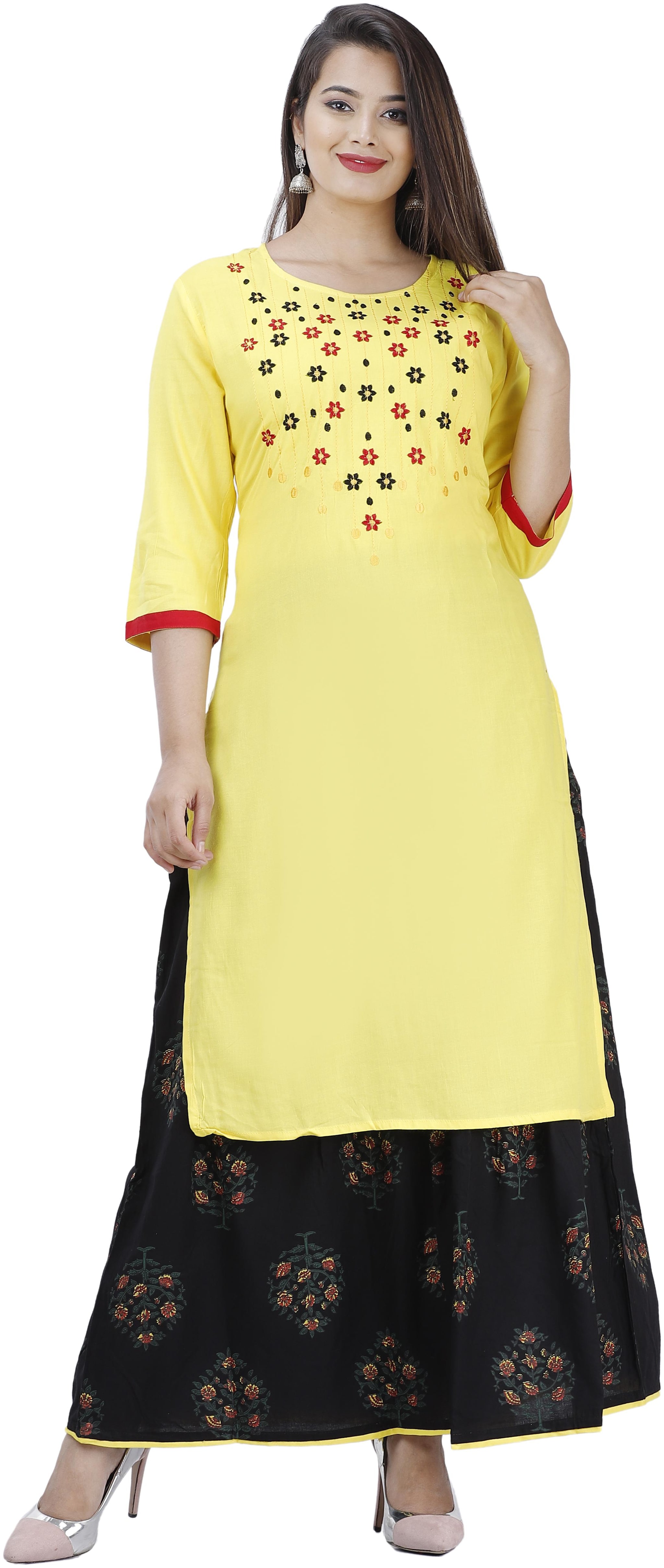 

Divyanshi Fashions Women Viscose Rayon Embroidered Kurti and Skirt Set(Yellow)