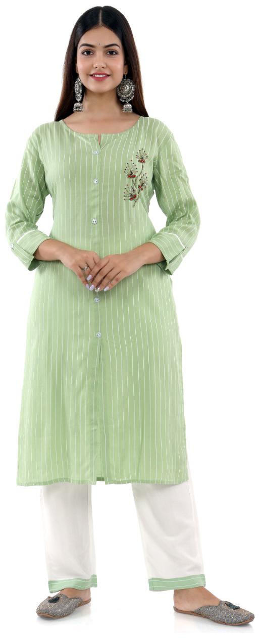 

DIVYANSHI FASHIONS Women Green Striped Straight Kurti With Pants