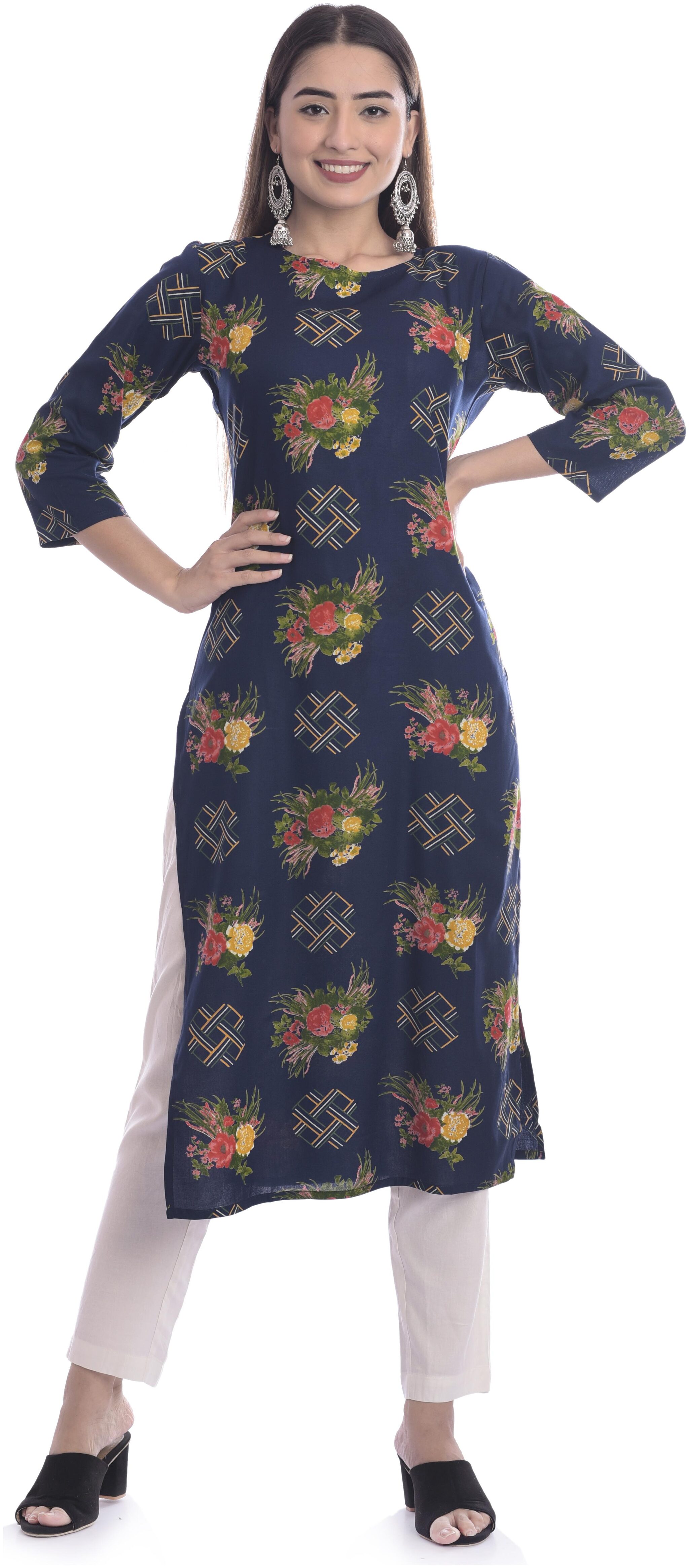 

DIVYANSHI FASHIONS Women Navy Blue Floral Straight Kurti