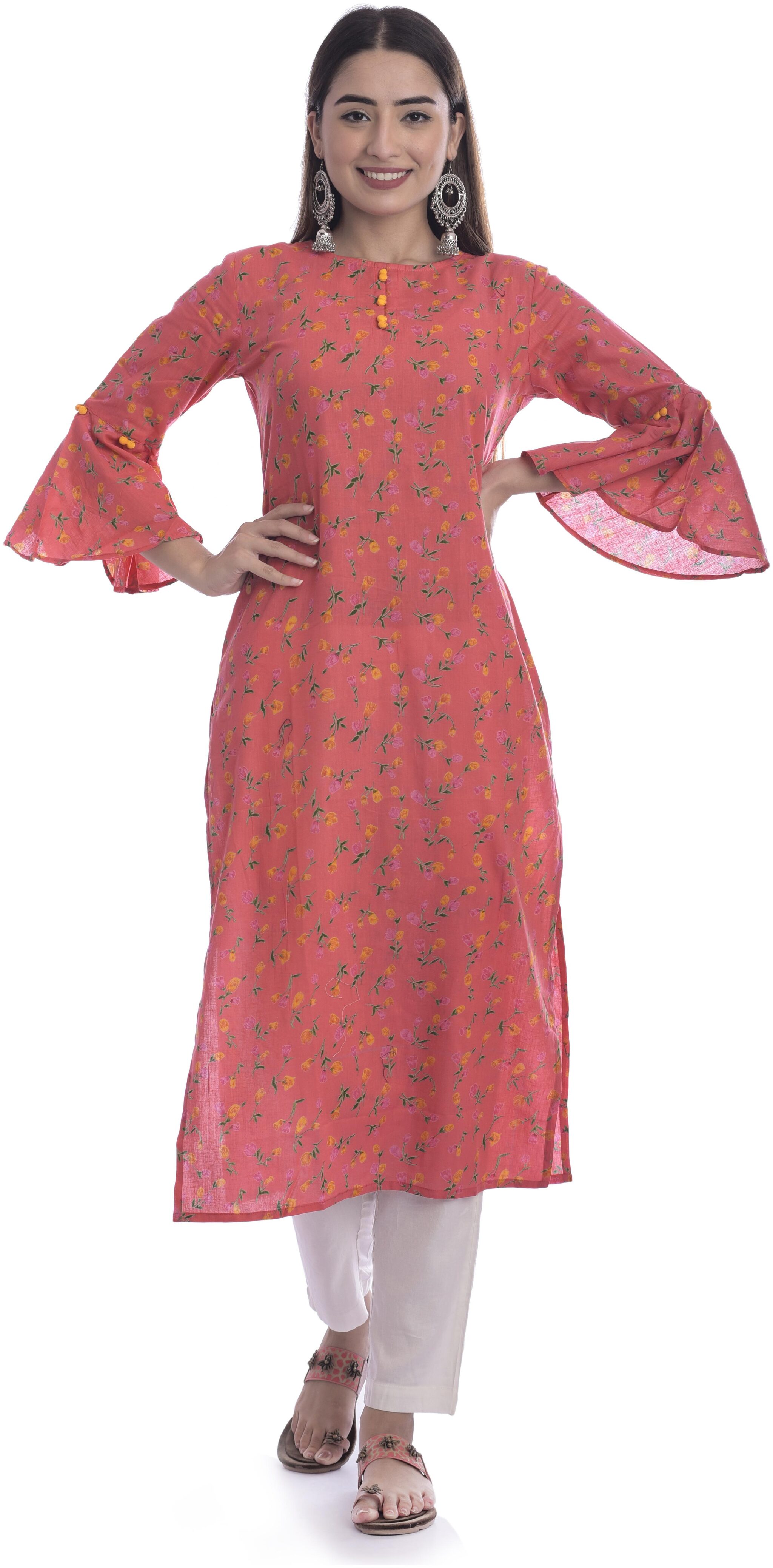

DIVYANSHI FASHIONS Women Peach Floral Straight Kurti