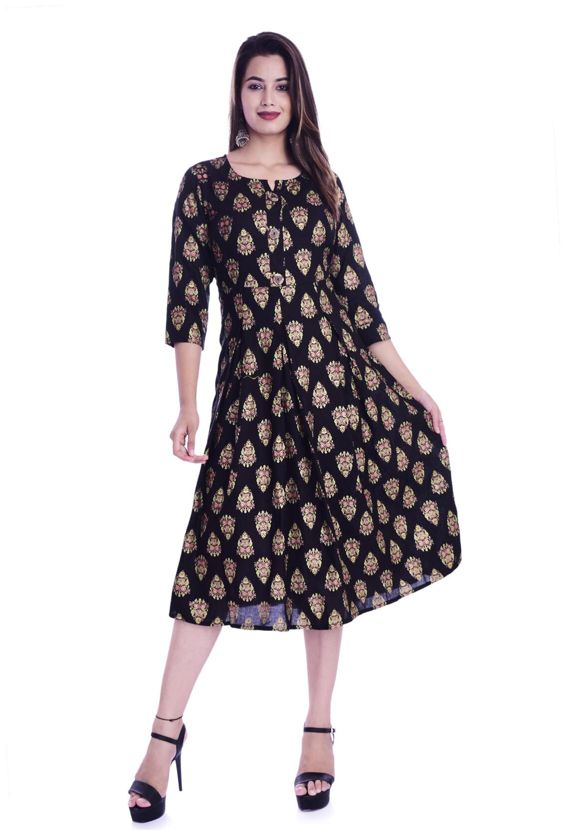 

DIVYANSHI FASHIONS Women Rayon Printed Kurta Dress Black