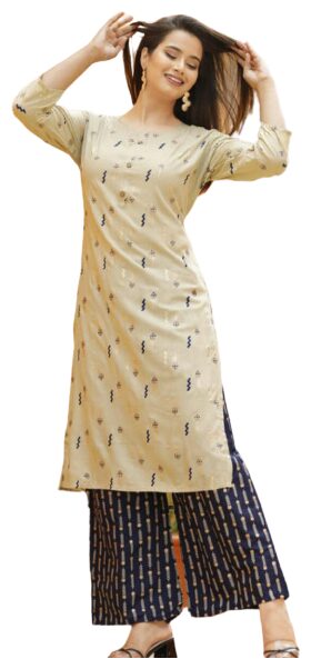 

DIVYANSHI FASHIONS Women Gold Navy Blue Printed Straight Kurti With Palazzo