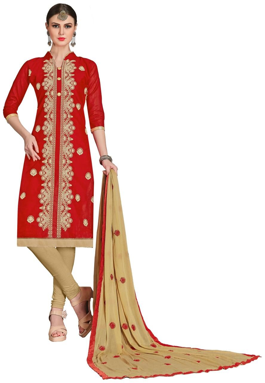 

DnVeens Chanderi Cotton Embroidered Salwar Kameez Dupatta Set for Women Dress Material Suits BLGNGKSR1009