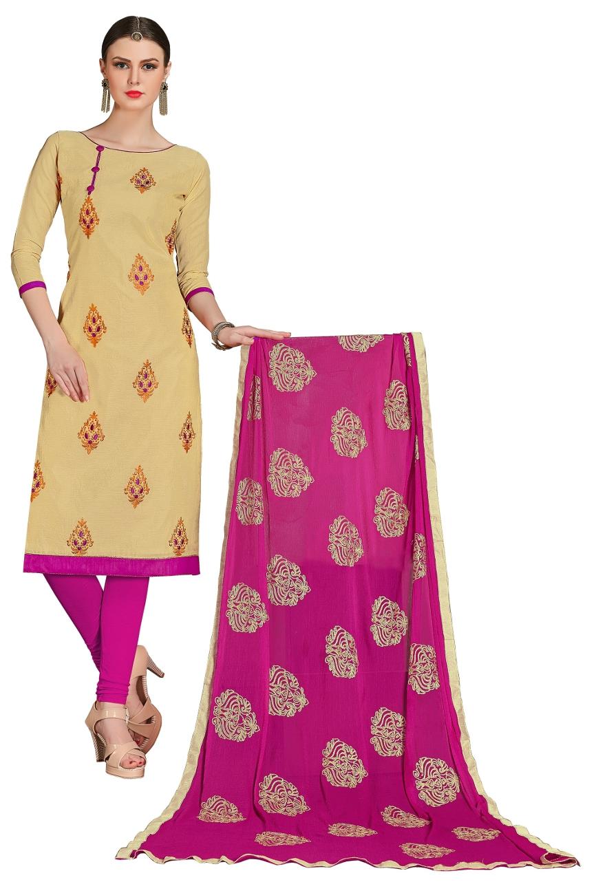 

DnVeens Chanderi Cotton Embroidered Salwar Kameez Dupatta Set for Women Dress Material Suits BLGNGKSR1007