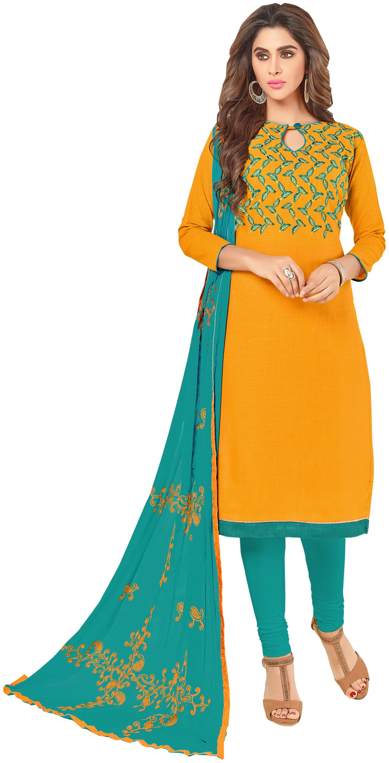 

Dnveens Yellow Unstitched Kurta with bottom dupatta With dupatta Dress Material