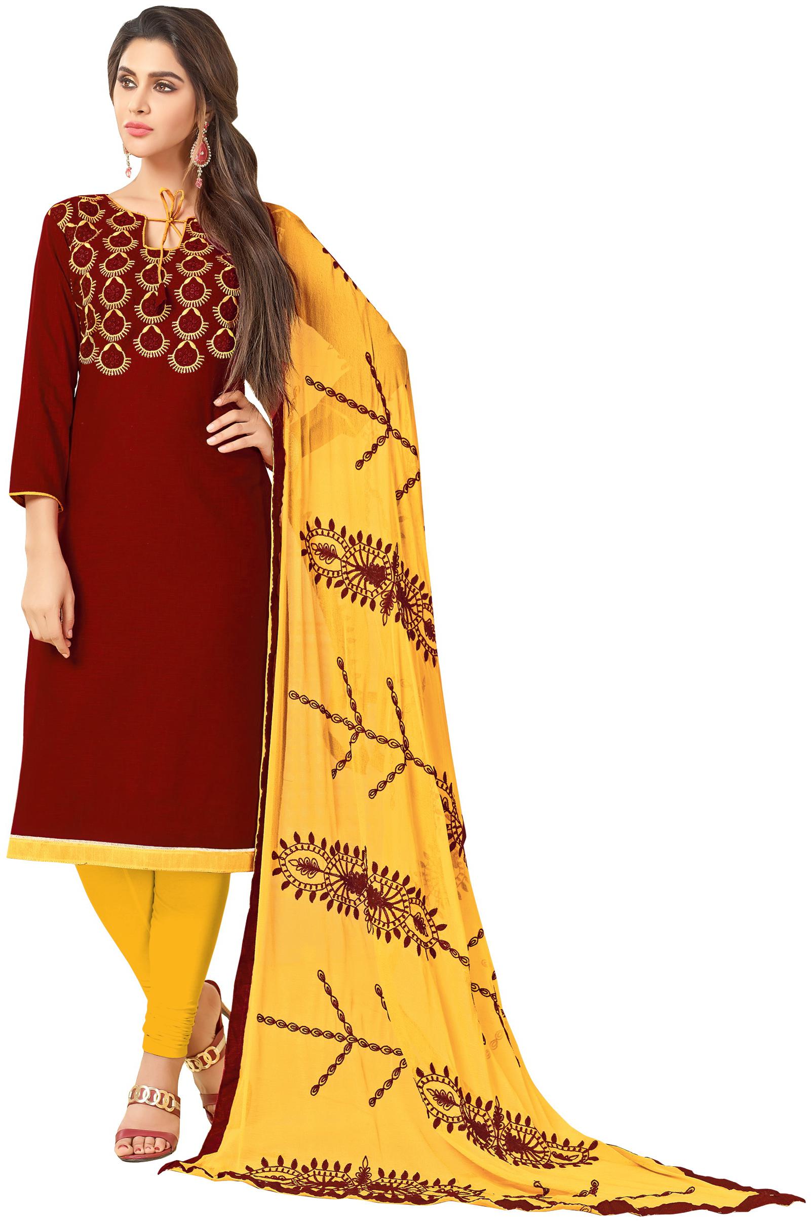 

Dnveens Maroon Unstitched Kurta with bottom dupatta With dupatta Dress Material