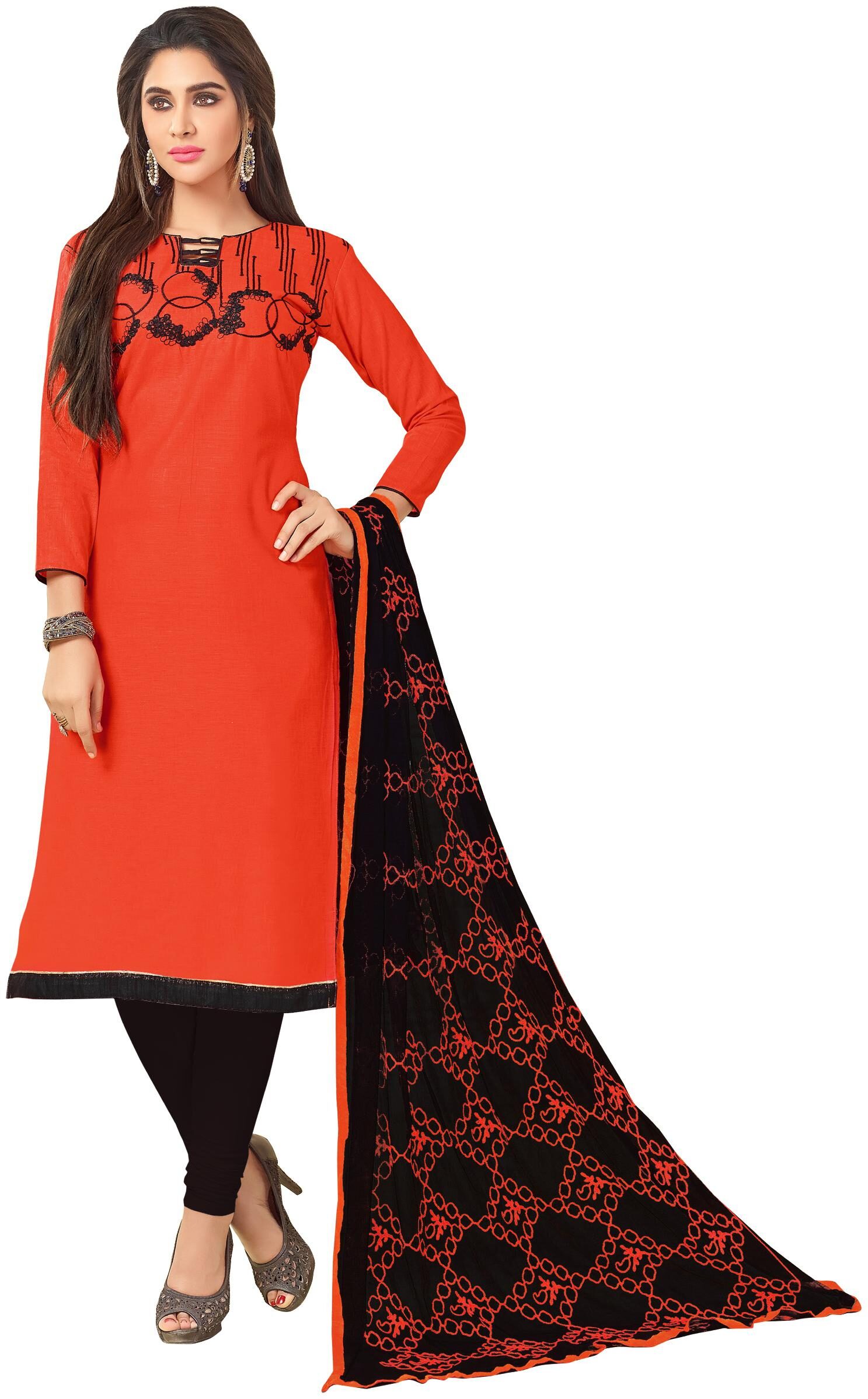 

Dnveens Orange Unstitched Kurta with bottom dupatta With dupatta Dress Material