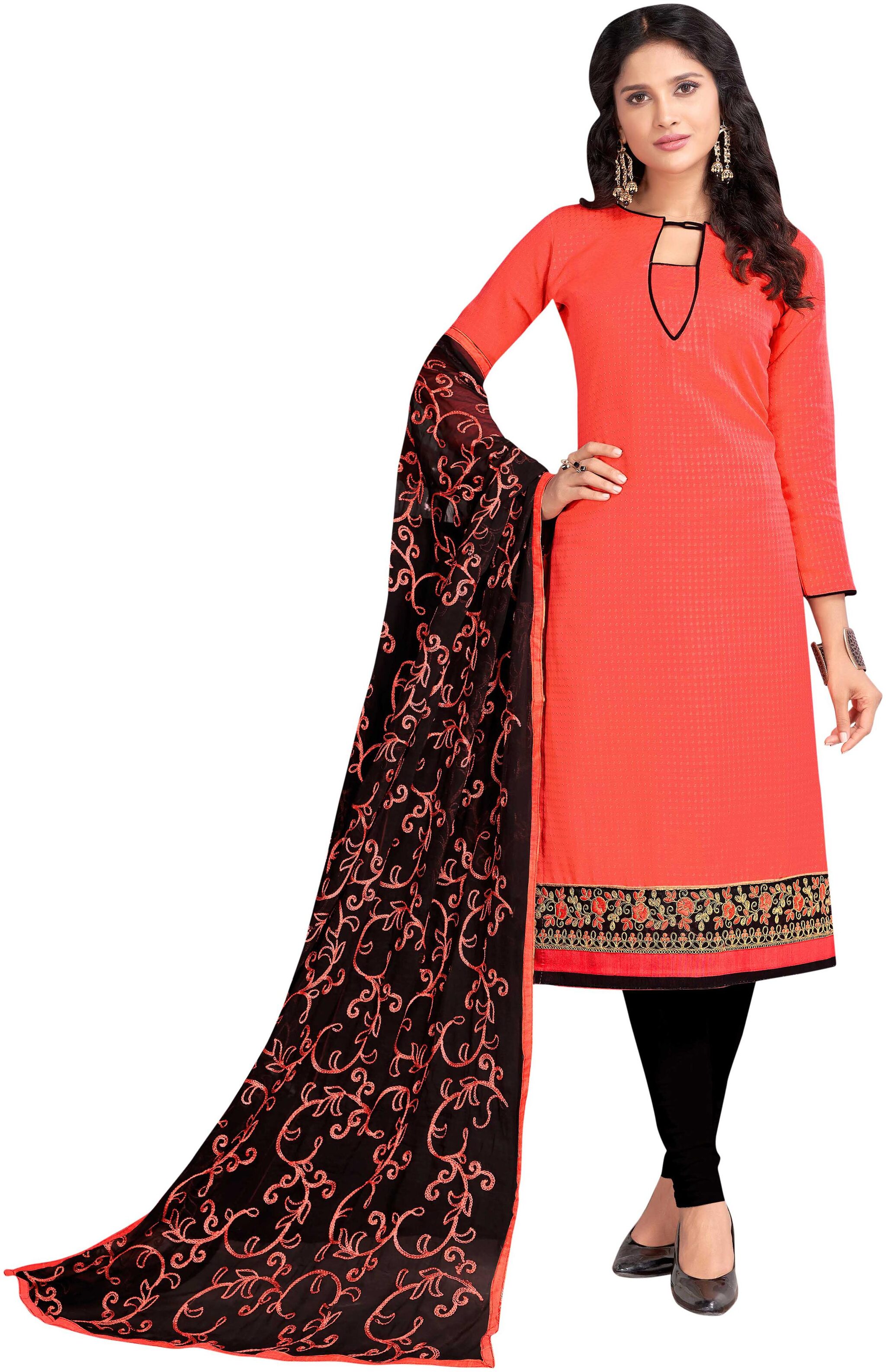 

DnVeens Peach Embroidered Cotton Blend Salwar Kameez with Dupatta