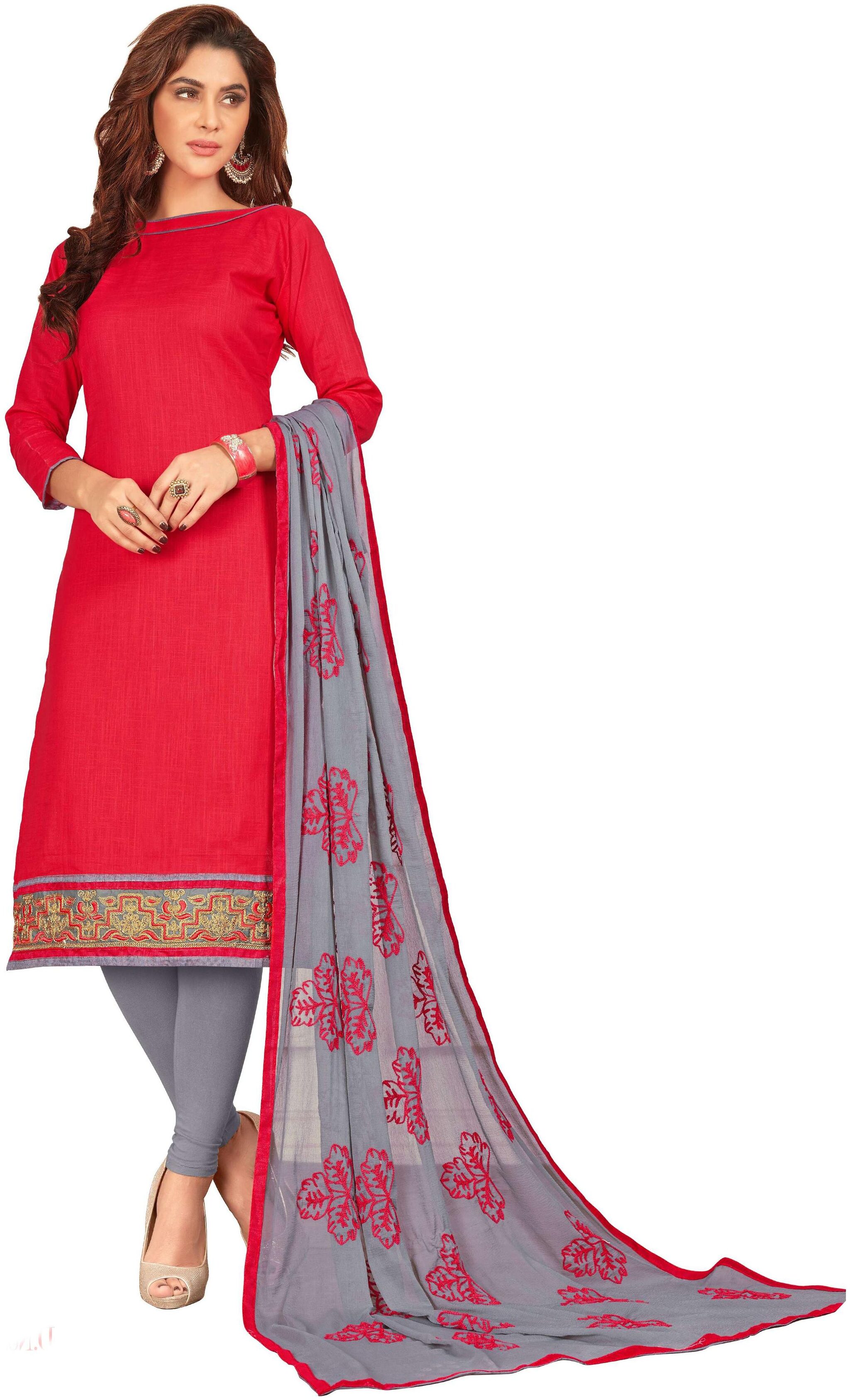 

DnVeens Red embroidered slub cotton chudidar salwar kameez with dupatta dress material