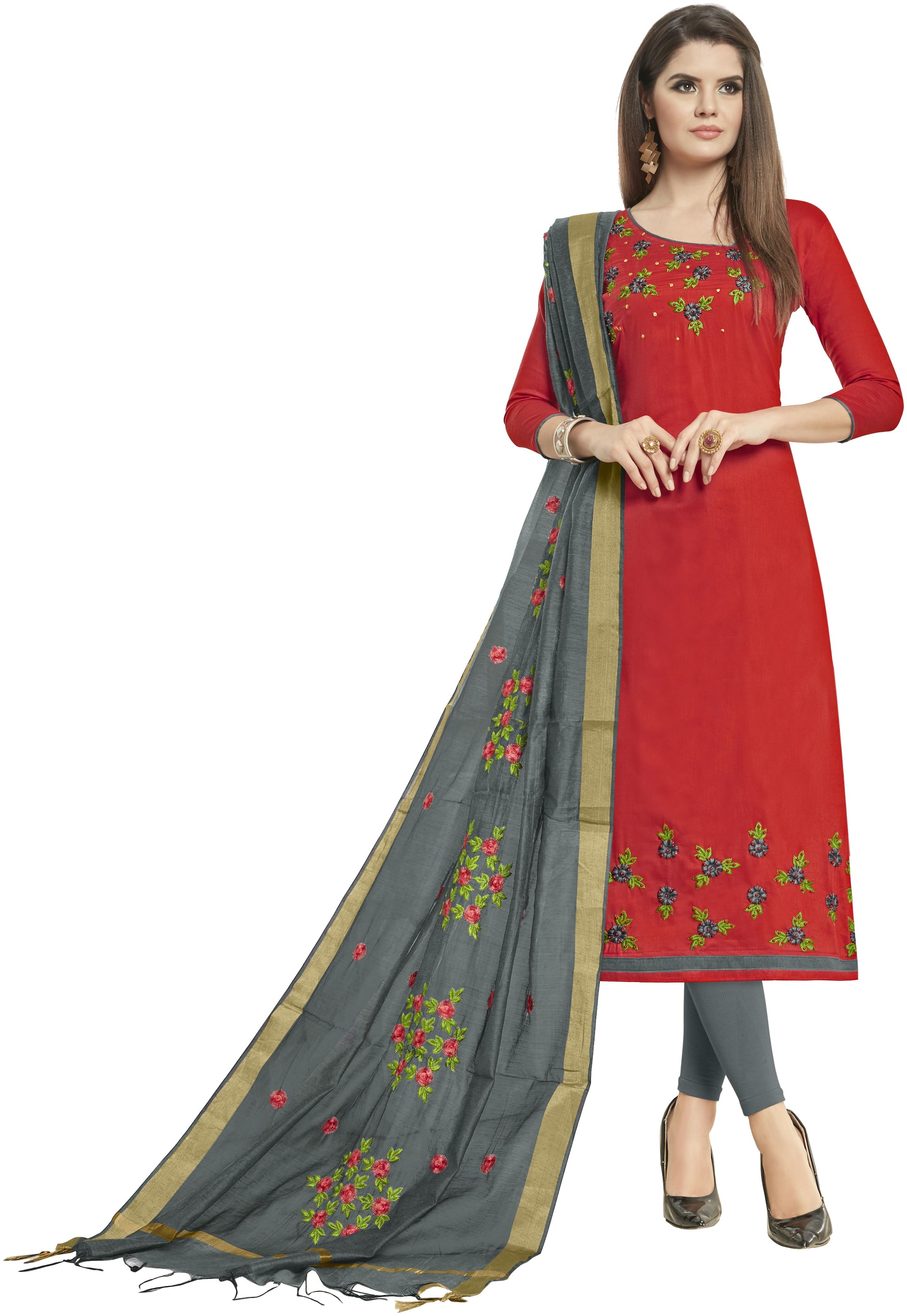 

Dnveens Red Unstitched Kurta with bottom dupatta With dupatta Dress Material