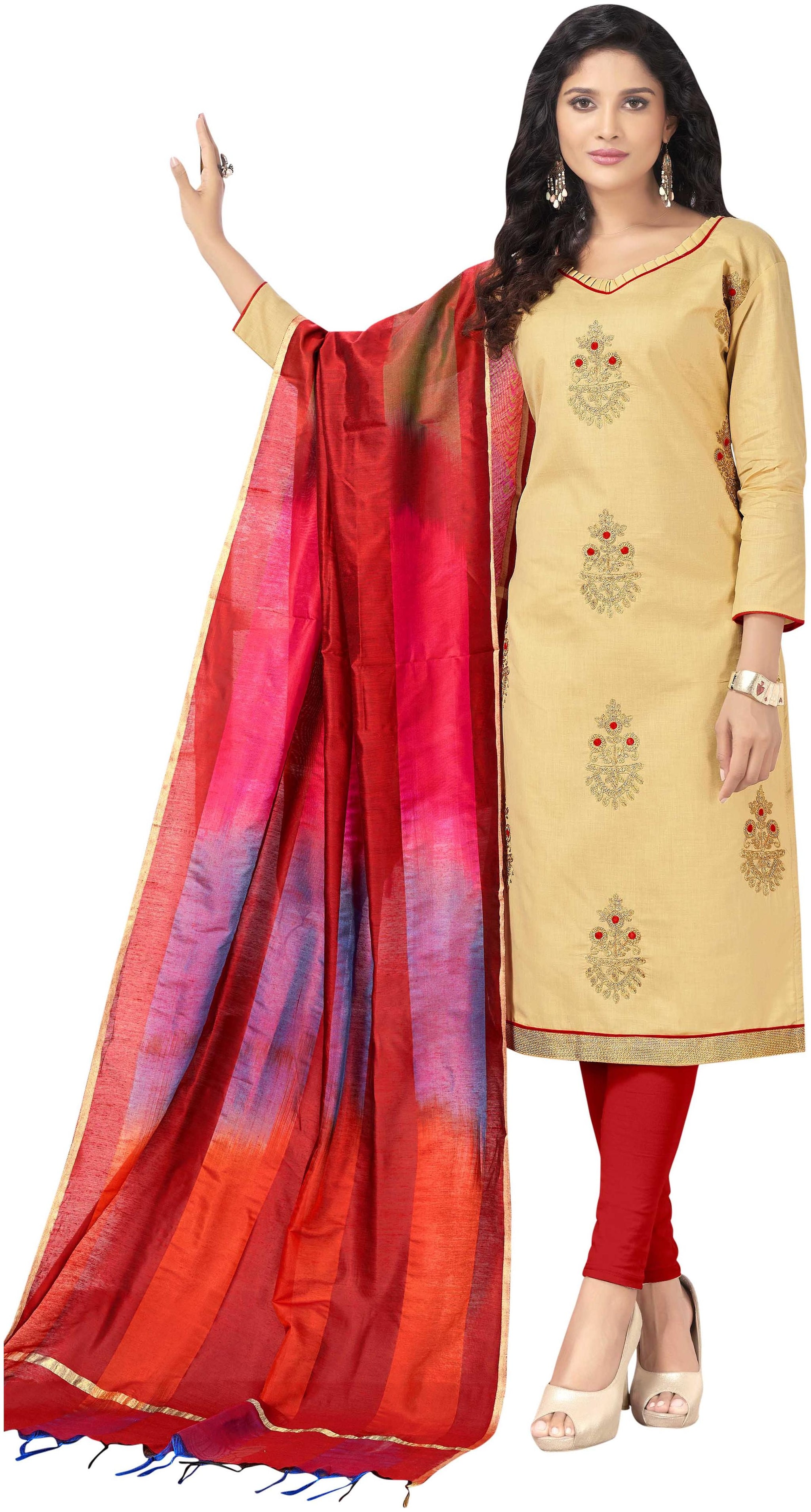 

Dnveens Beige Unstitched Kurta with bottom dupatta With dupatta Dress Material