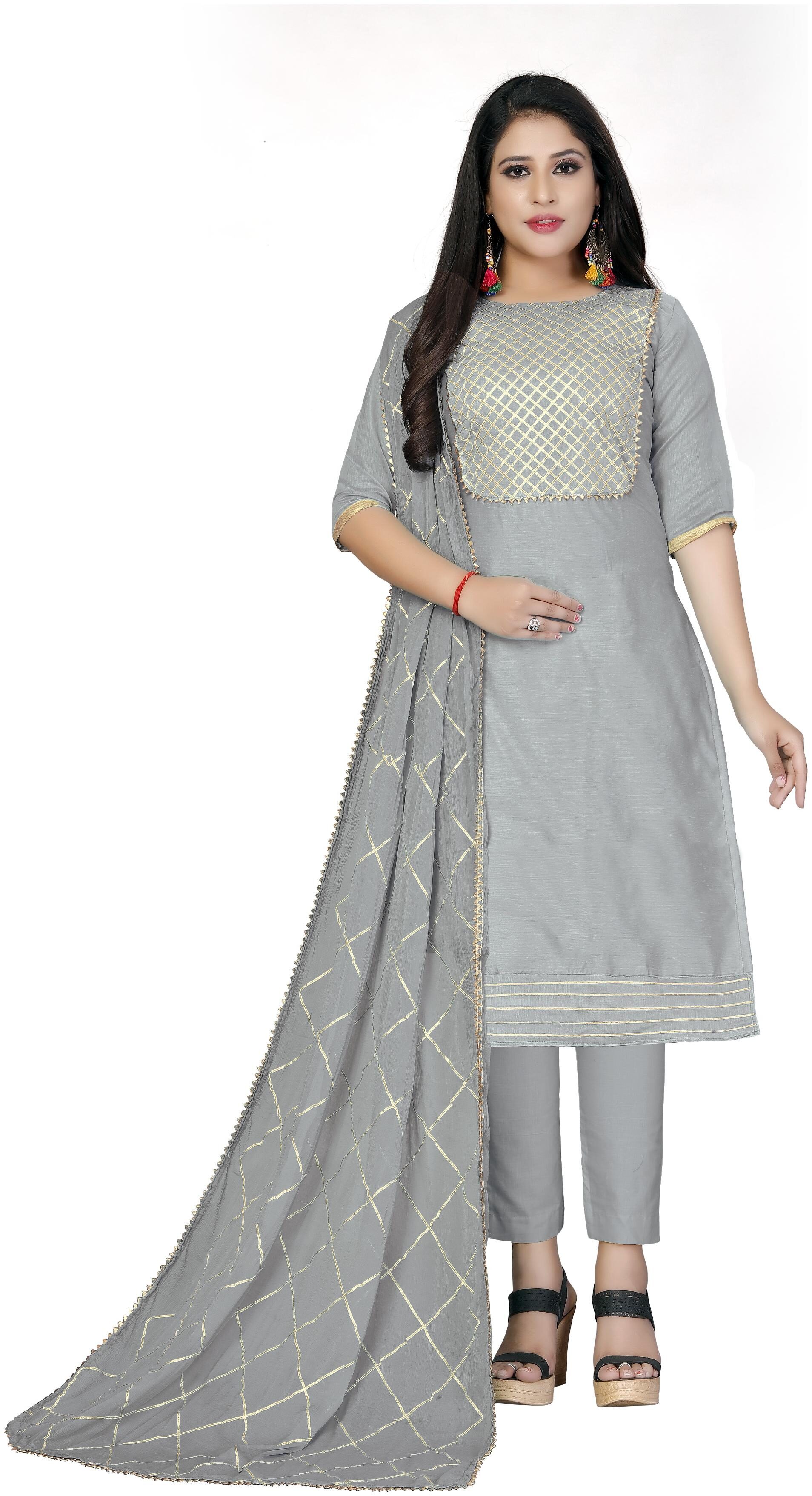 

Dnveens Grey Unstitched Kurta with bottom dupatta With dupatta Dress Material