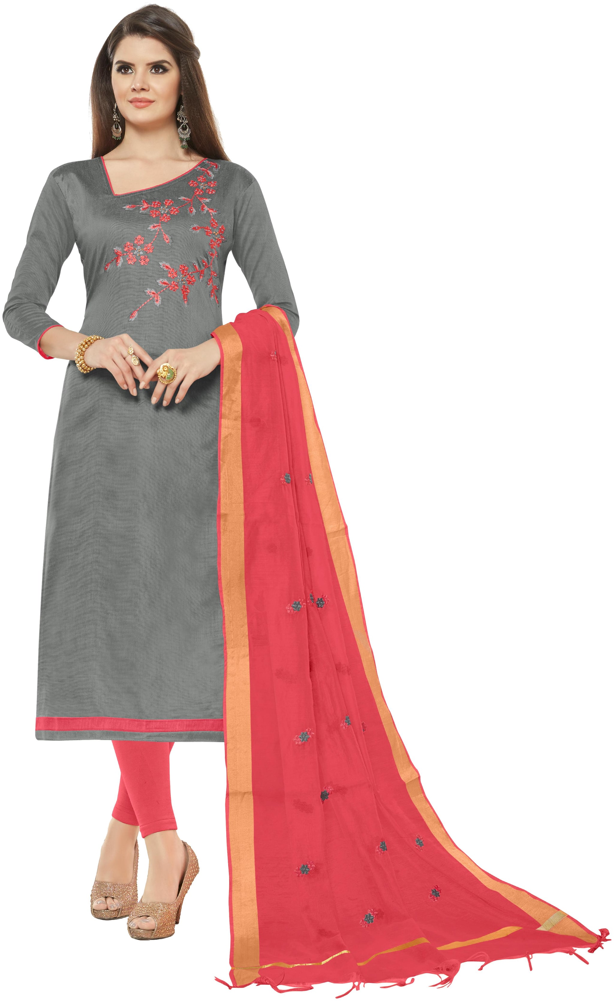 

Dnveens Grey Unstitched Kurta with bottom dupatta With dupatta Dress Material