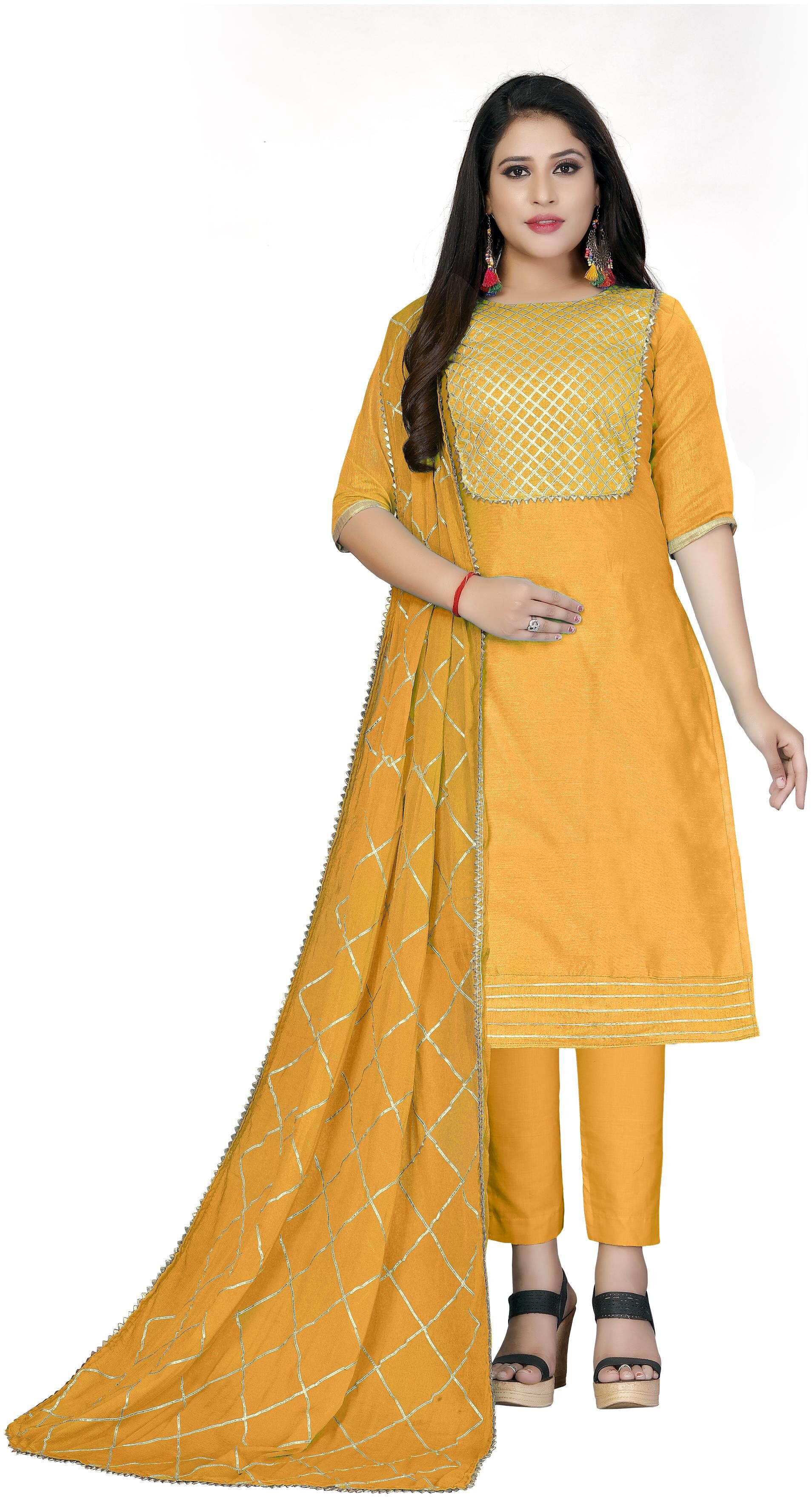 

Dnveens Yellow Unstitched Kurta with bottom dupatta With dupatta Dress Material