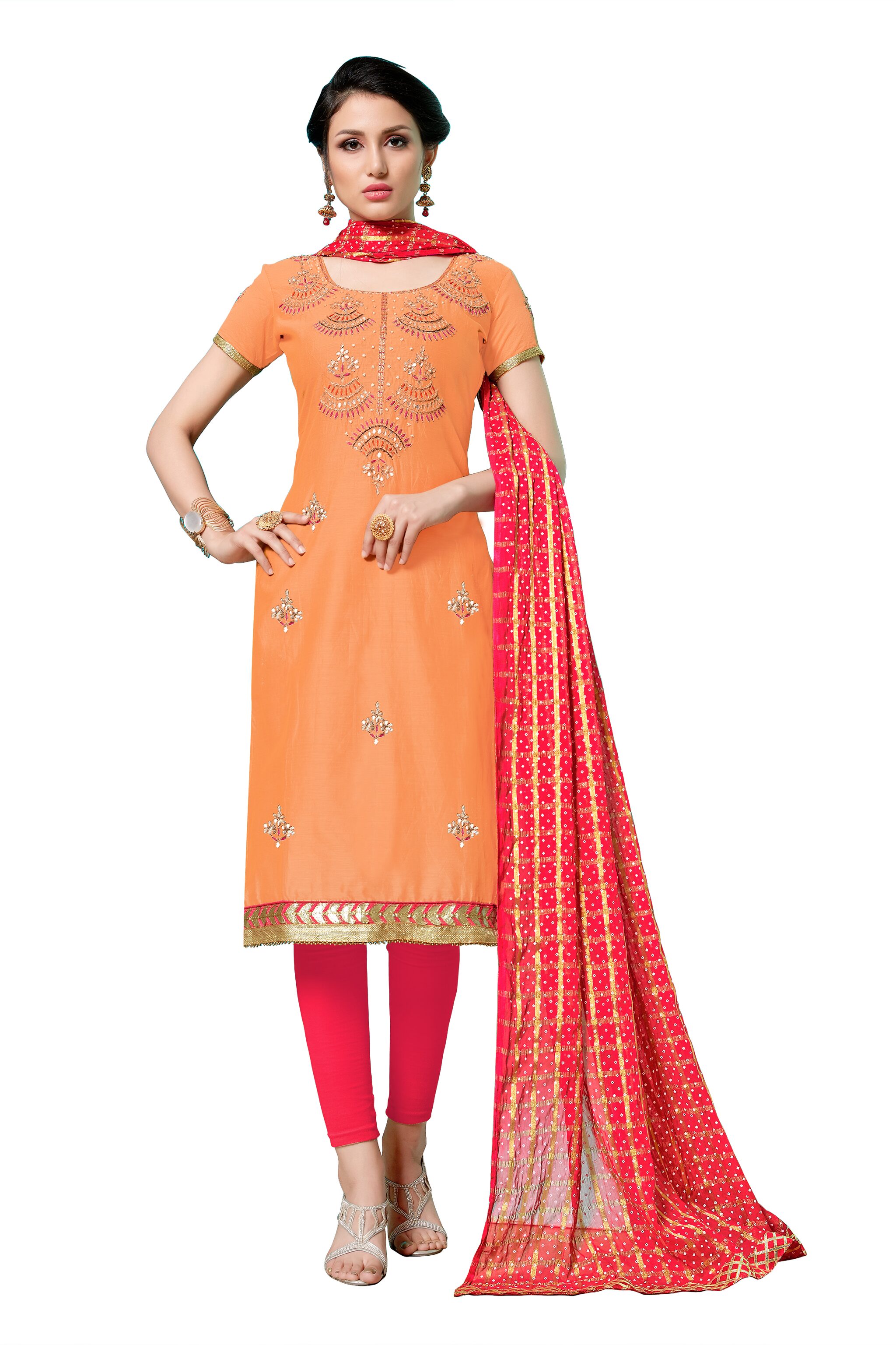 

Dnveens Orange Unstitched Kurta with bottom dupatta With dupatta Dress Material