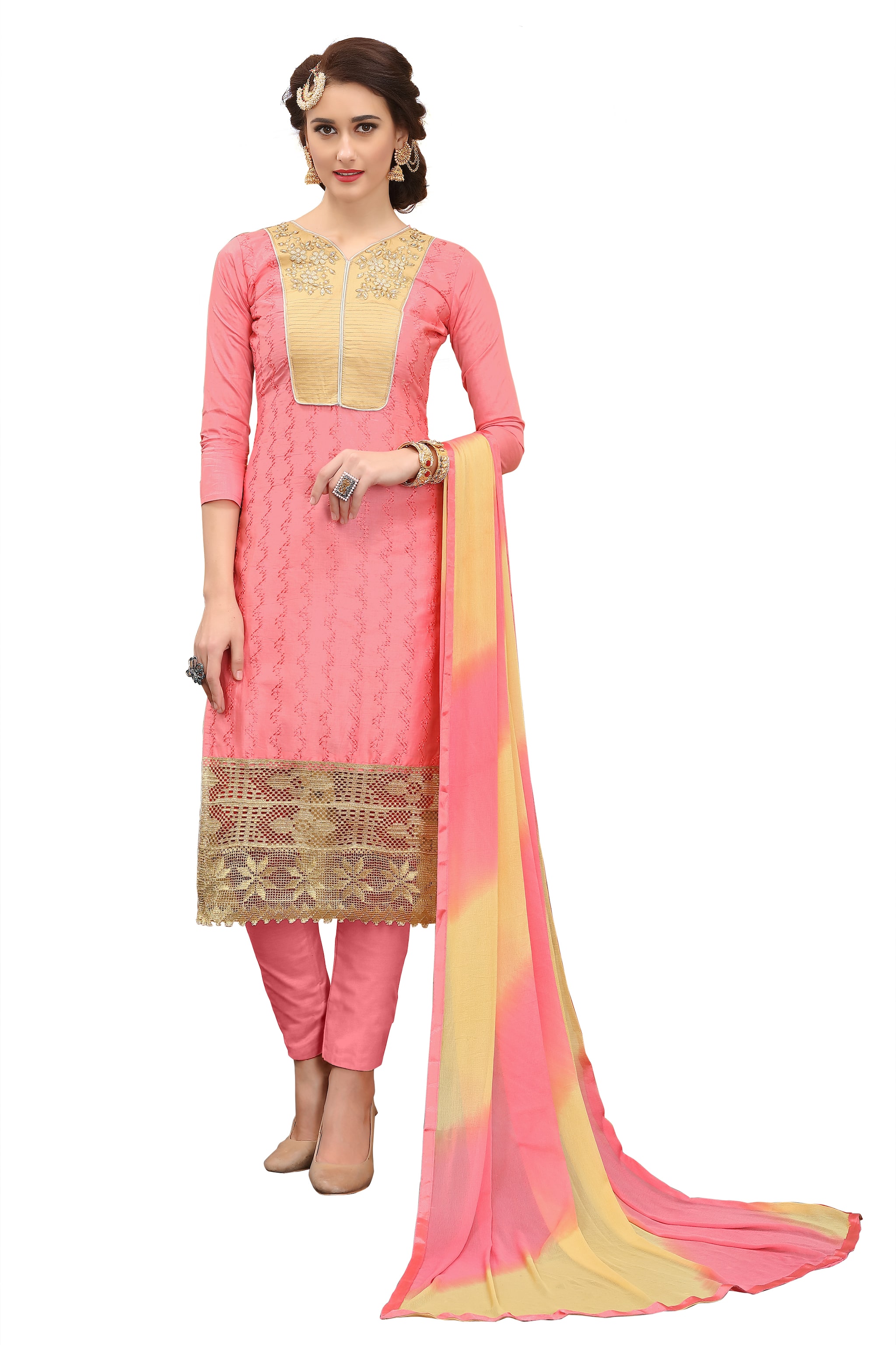 

Dnveens Peach Unstitched Kurta with bottom dupatta With dupatta Dress Material
