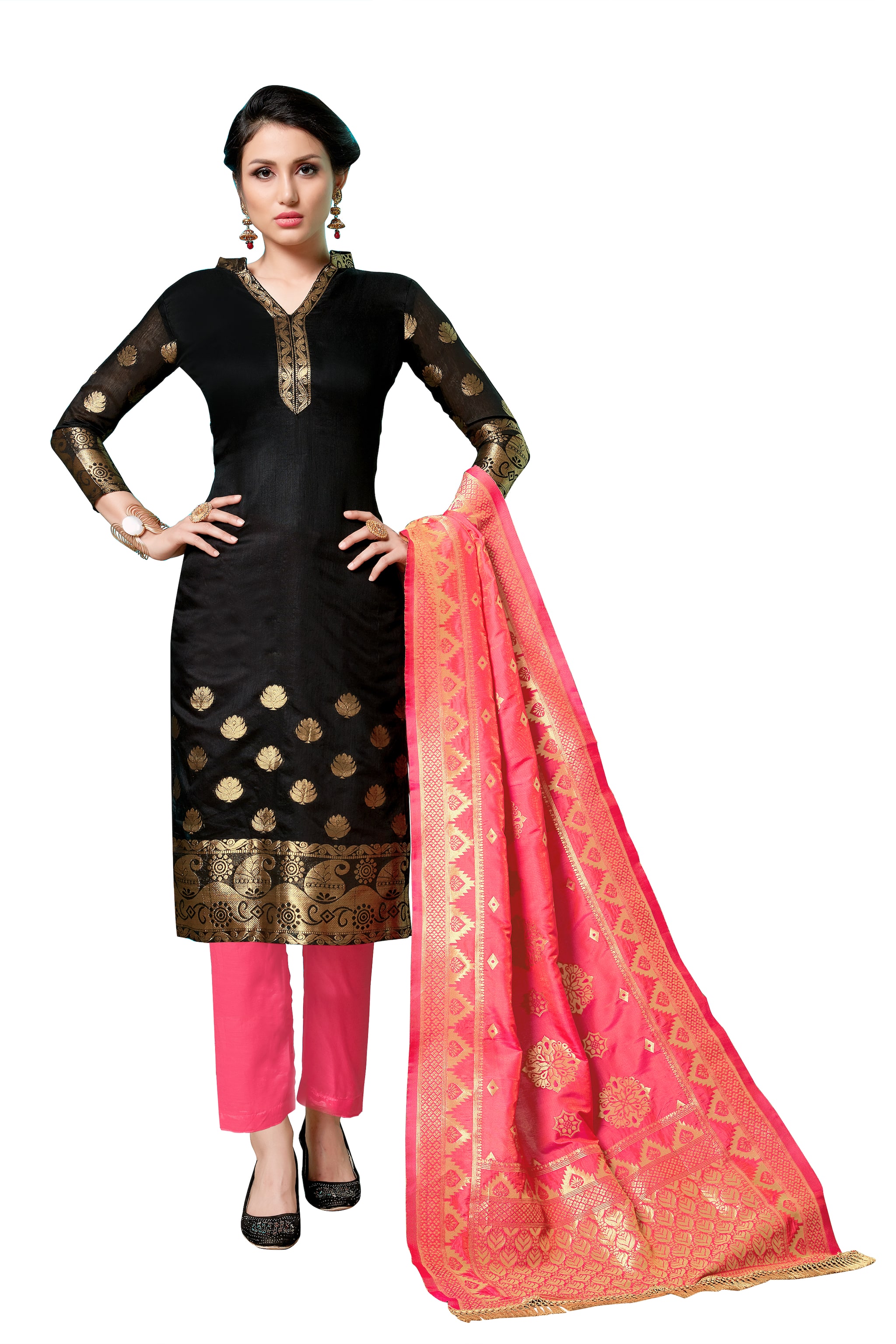 

Dnveens Black Unstitched Kurta with bottom dupatta With dupatta Dress Material