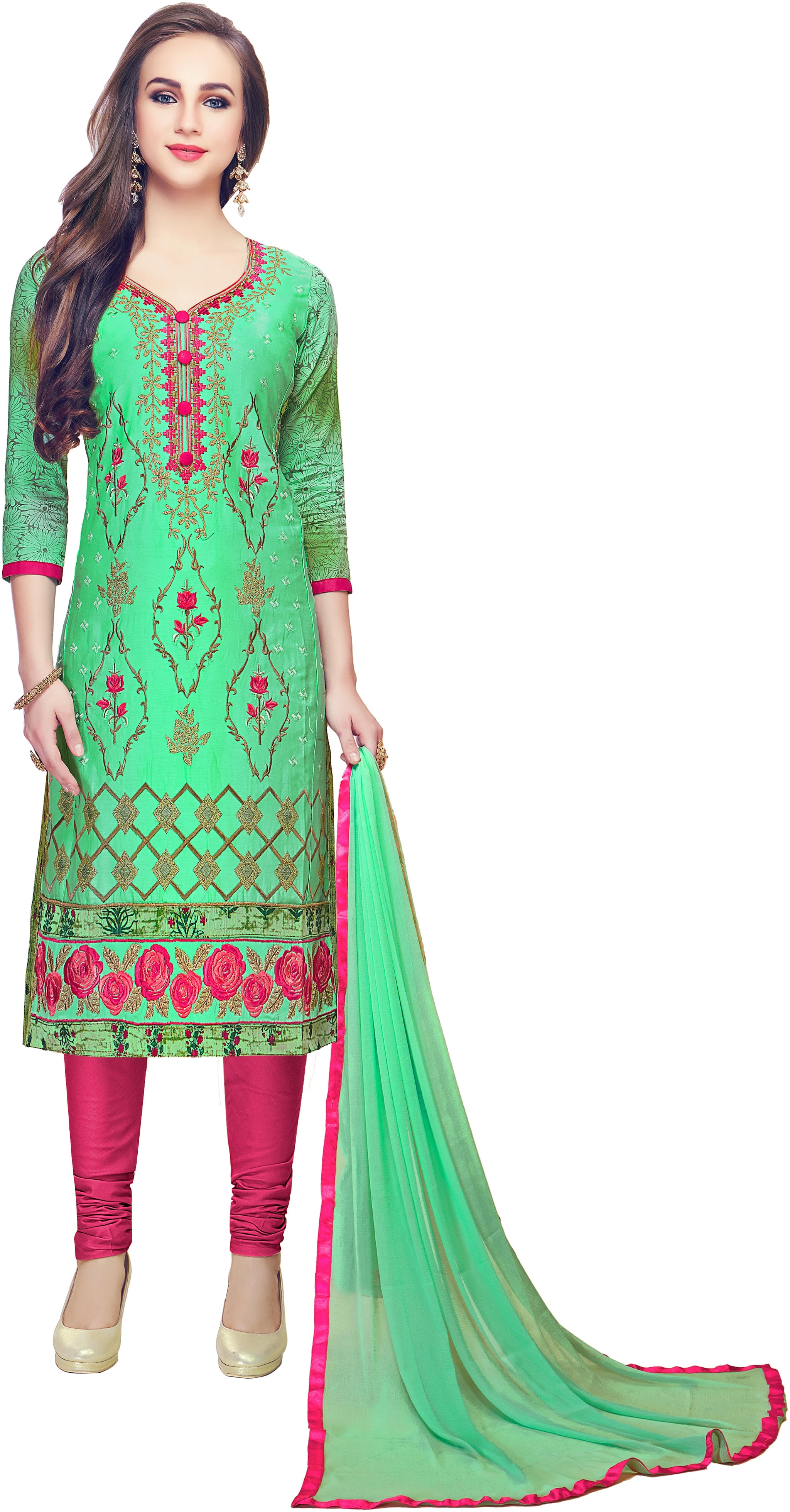 

DnVeens Women Party Wear Embroidery Cotton Dress Material Green