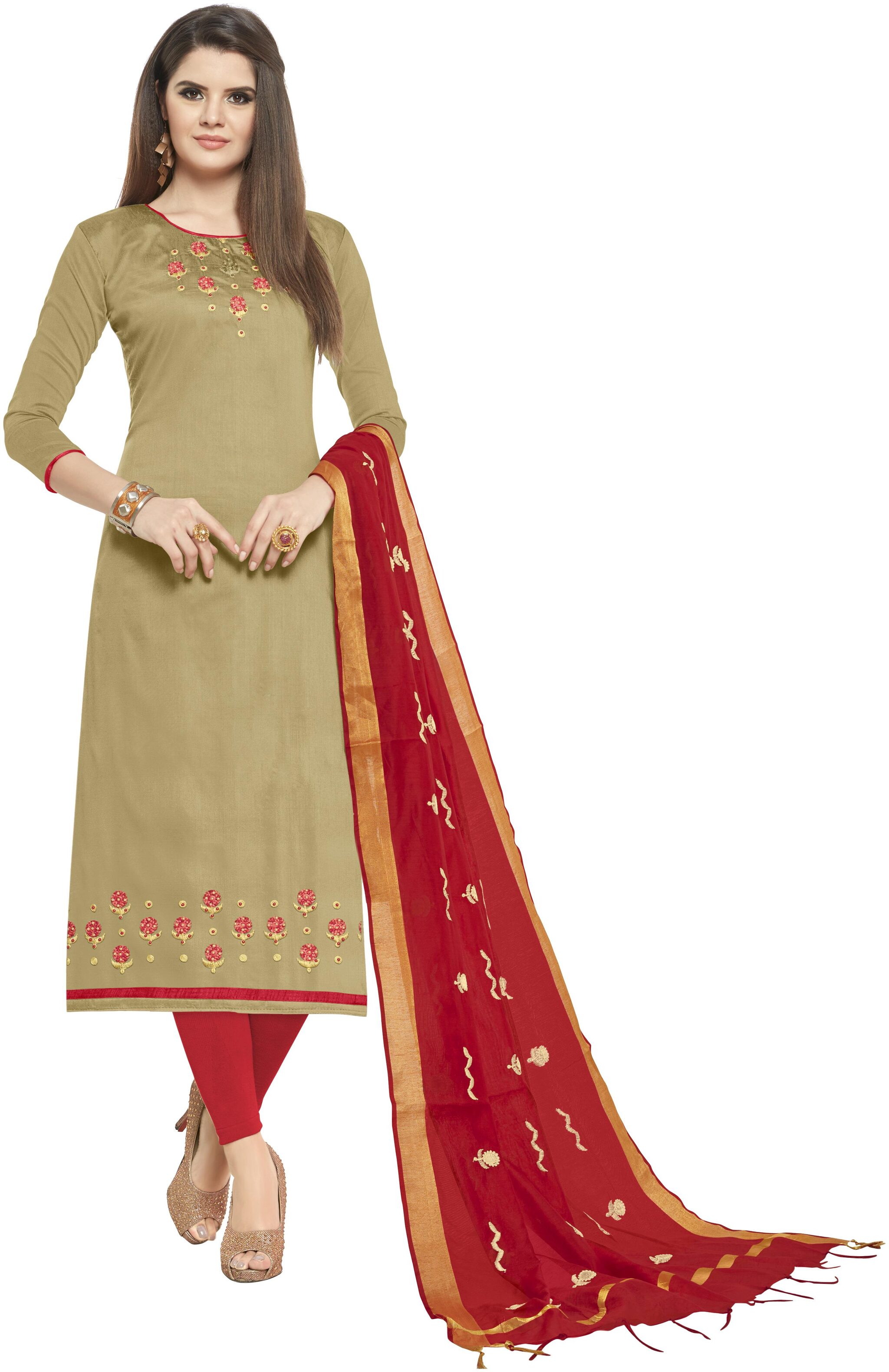

Dnveens Beige Unstitched Kurta with bottom dupatta With dupatta Dress Material