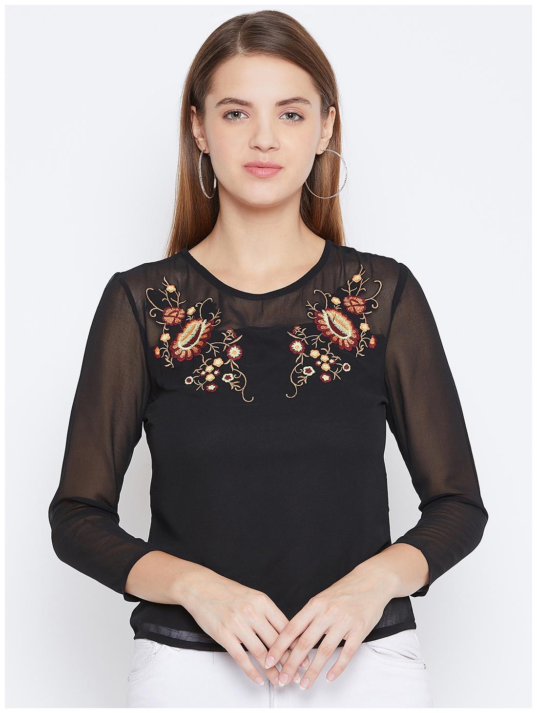 

DODO MOA Women Embroidered Regular top - Black