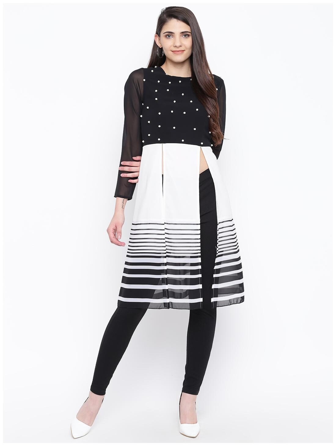 

DODO MOA Polyester Women Black and White Kurta