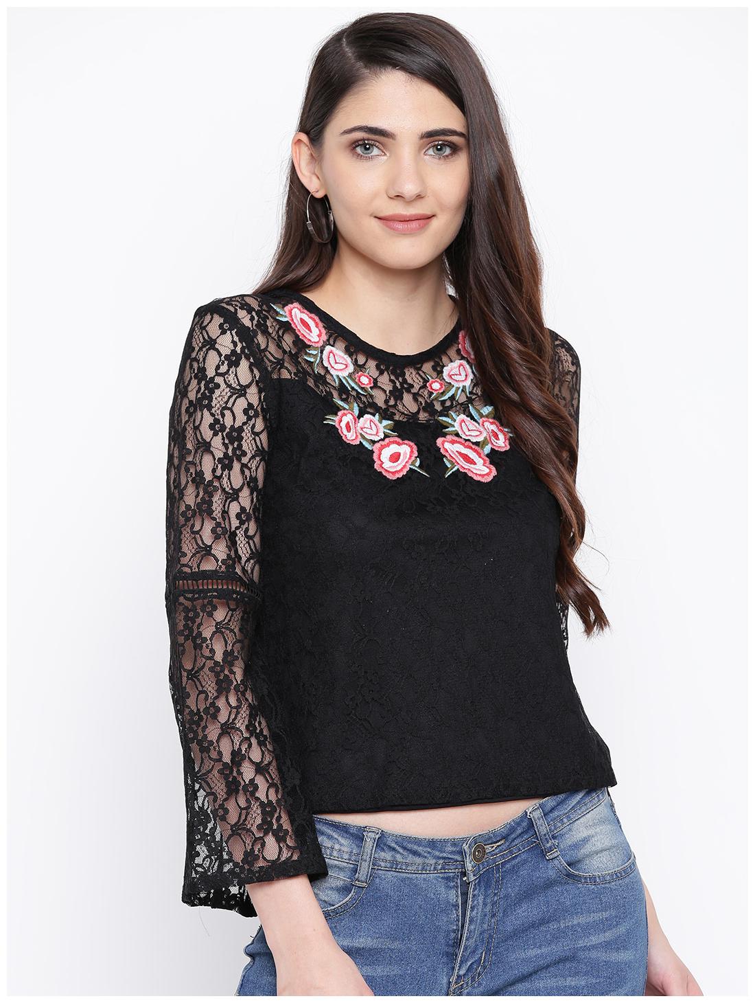 

DODO MOA Women Self design Regular top - Black