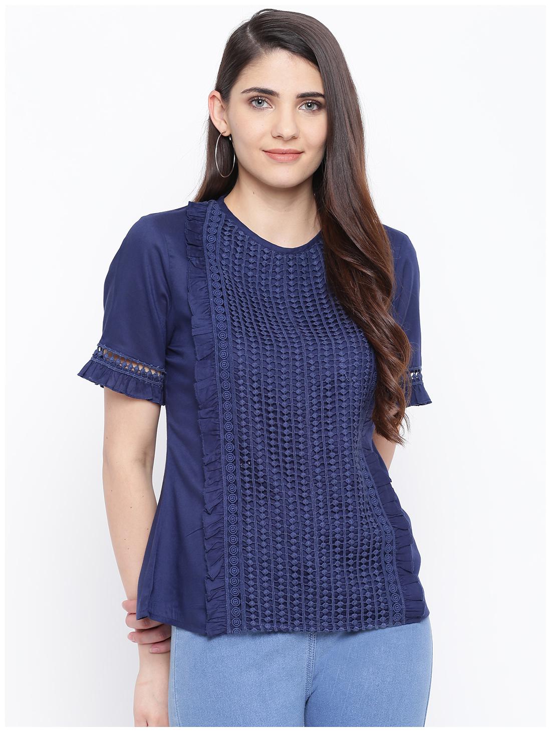 

DODO MOA Women Self design Regular top - Blue