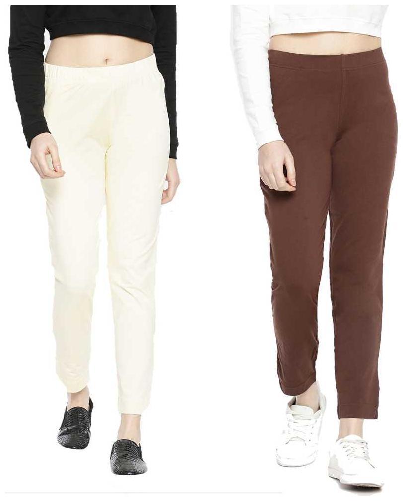 

Dollar Missy Women Cotton Solid Brown Cream Cigarette Trousers