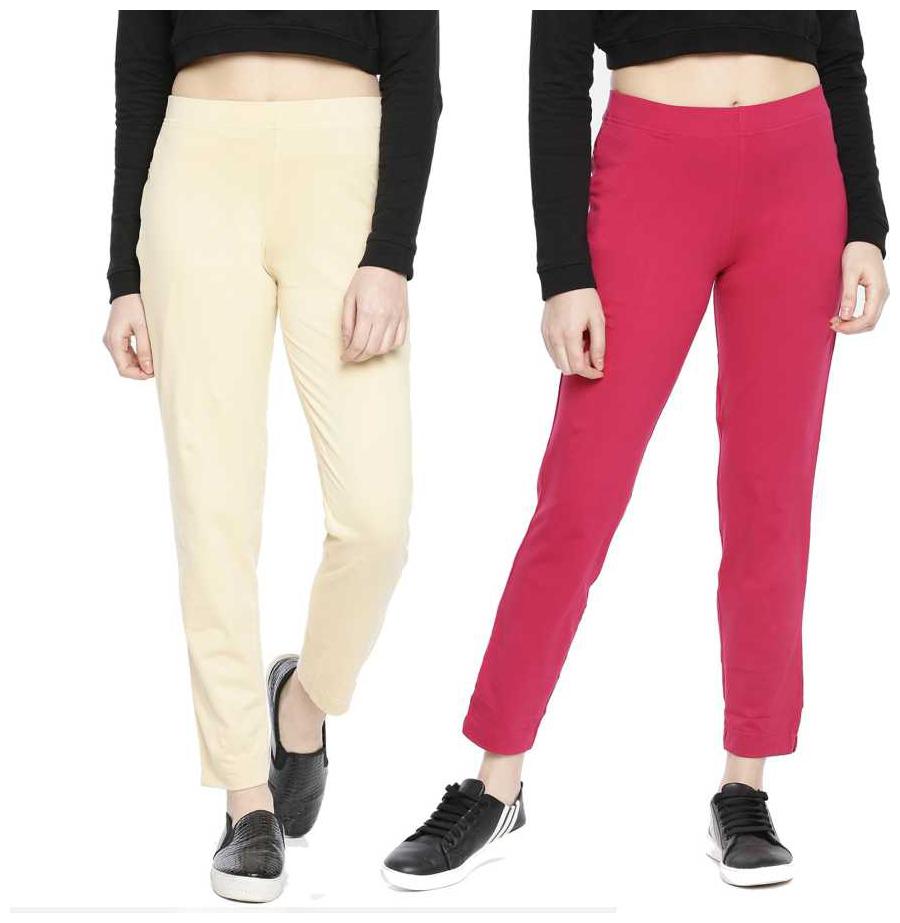 

Dollar Missy Women Cotton Solid Pink Beige Cigarette Trousers
