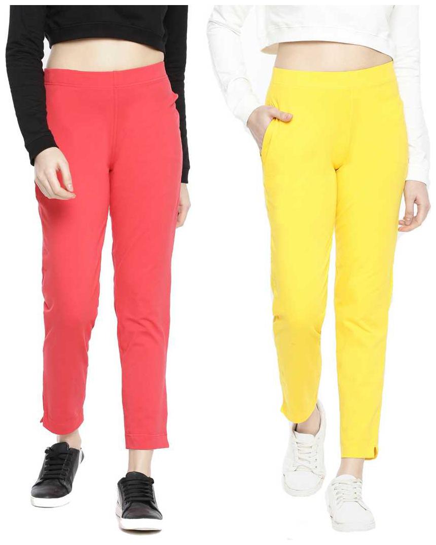 

Dollar Missy Women Cotton Solid Red Yellow Cigarette Trousers