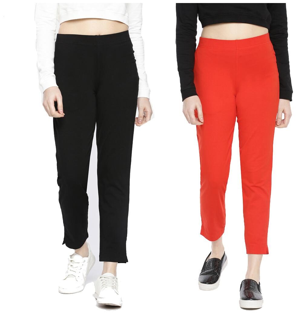 

Dollar Missy Women Cotton Solid Black Red Cigarette Trousers