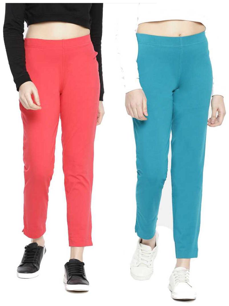 

Dollar Missy Women Cotton Solid Red Blue Cigarette Trousers