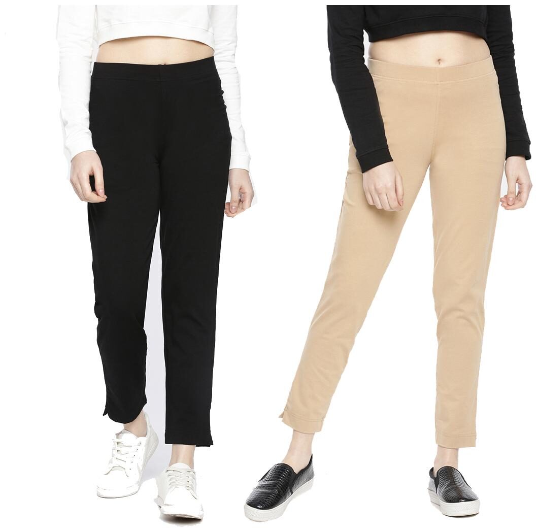 

Dollar Missy Women Cotton Solid Black Beige Cigarette Trousers