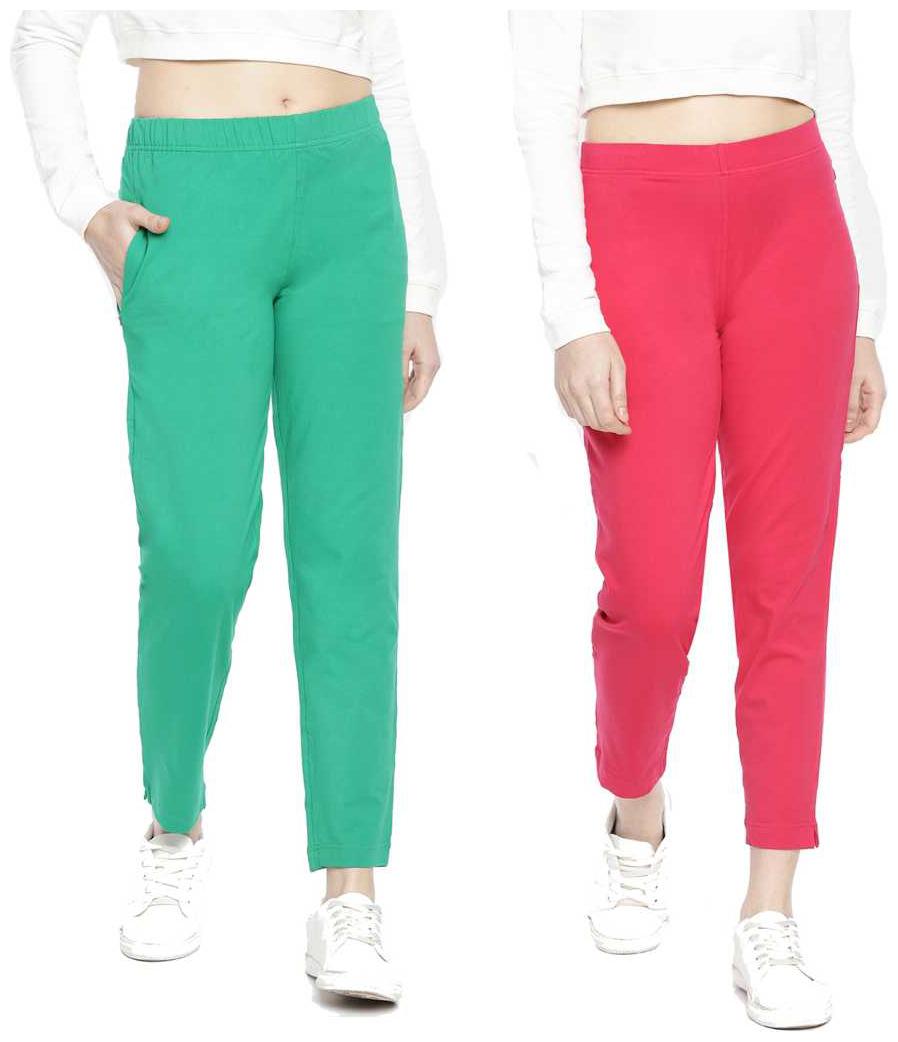 

Dollar Missy Women Cotton Solid Pink Green Cigarette Trousers