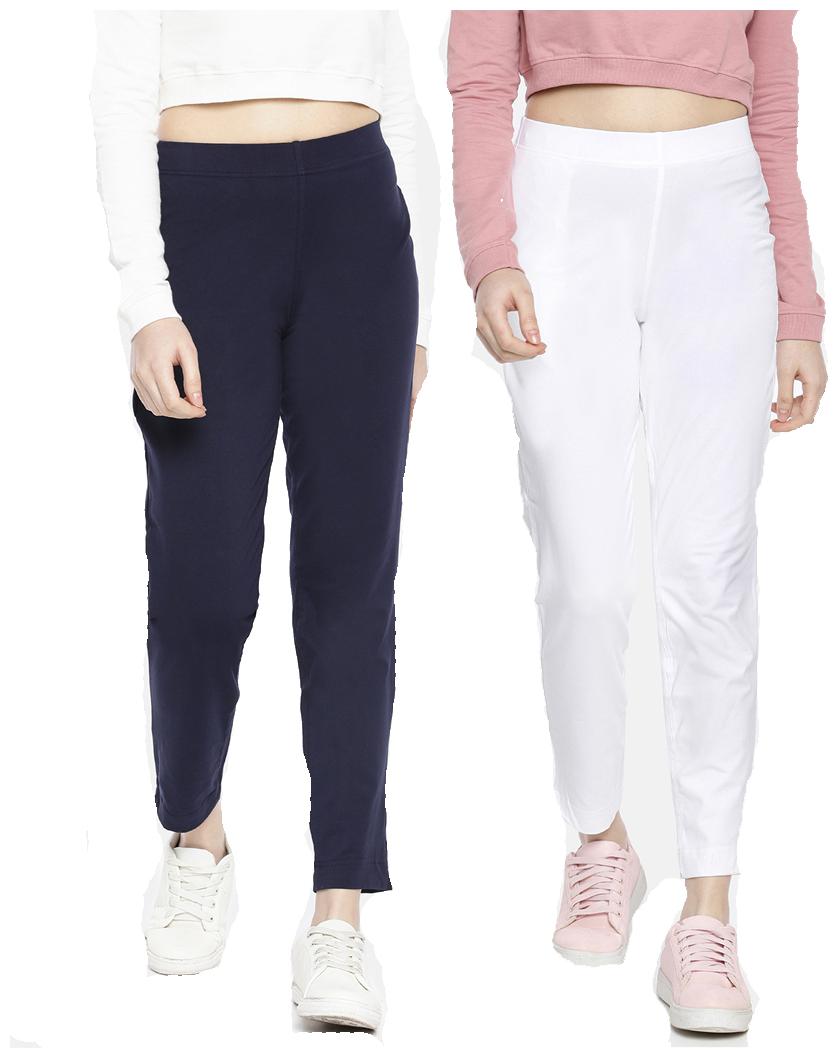

Dollar Missy Women Cotton Solid Navy Blue White Cigarette Trousers