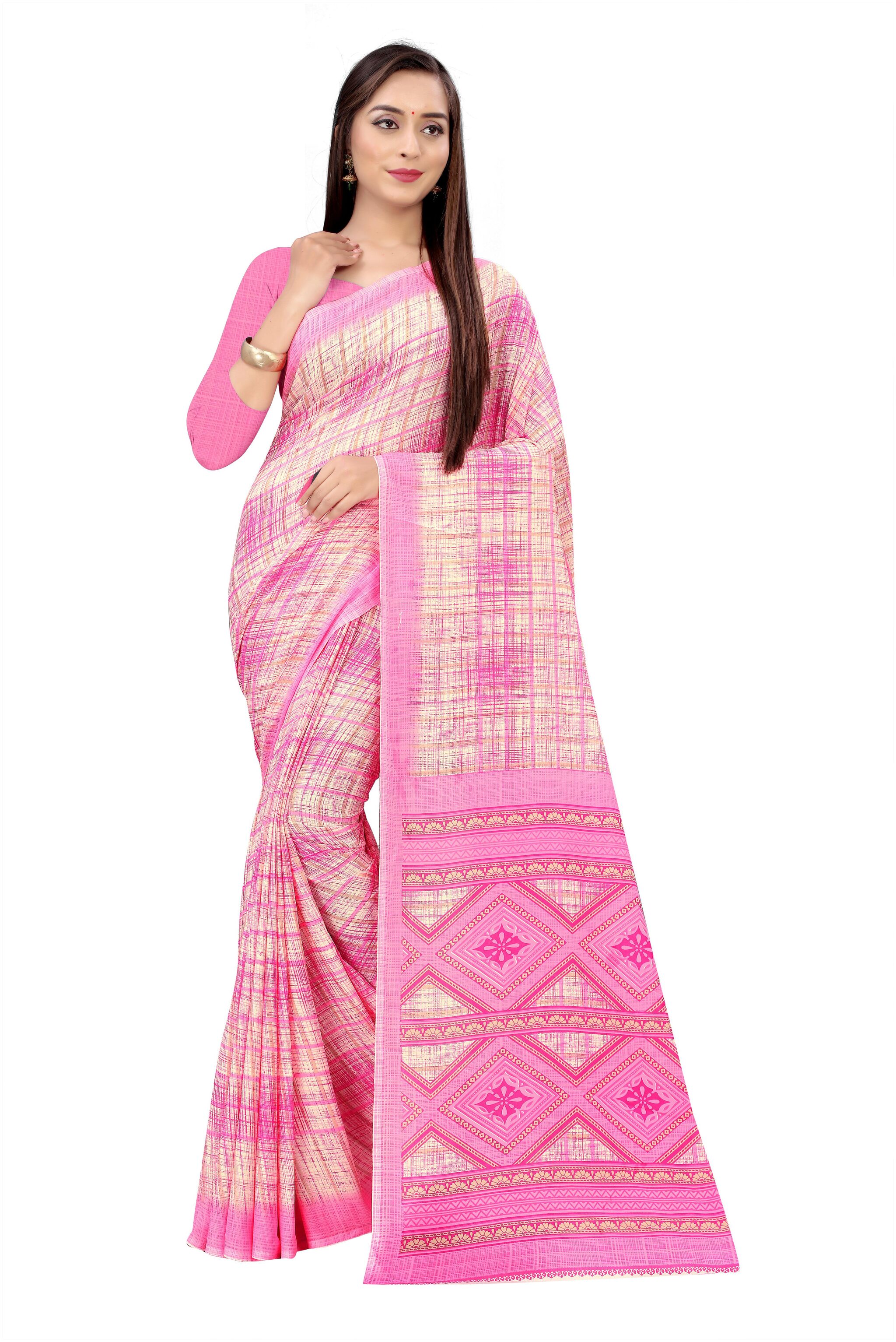 

Dori Georgette Checkered Pink Regular Saree Women