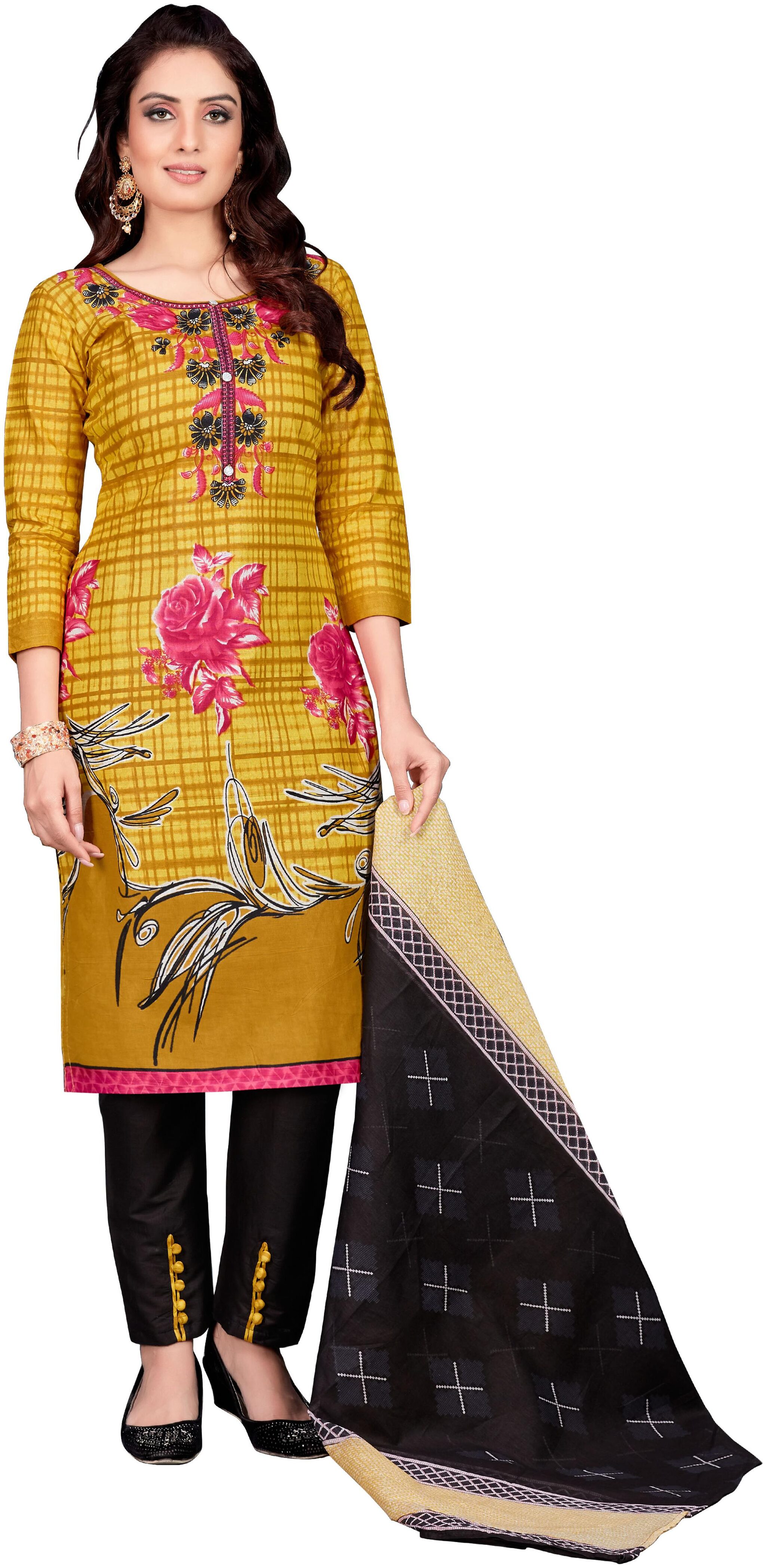 

Drapes Yellow Unstitched Kurta with bottom dupatta With dupatta Dress Material