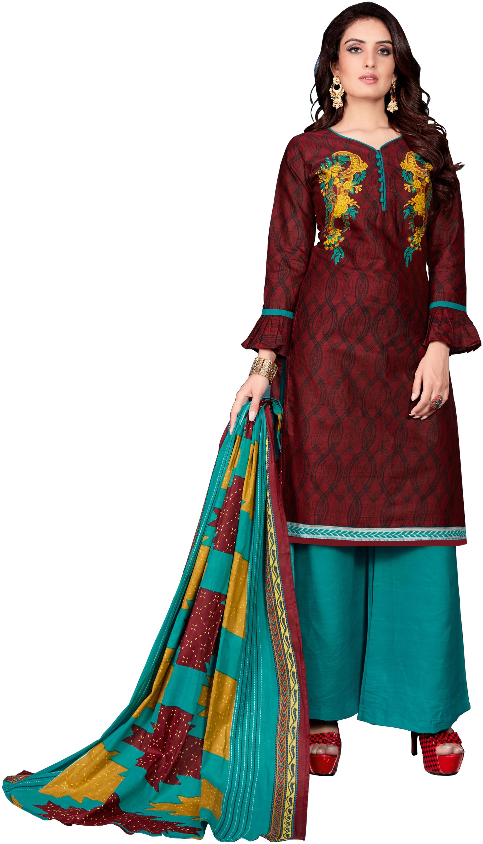 

Drapes Maroon Unstitched Kurta with bottom dupatta With dupatta Dress Material