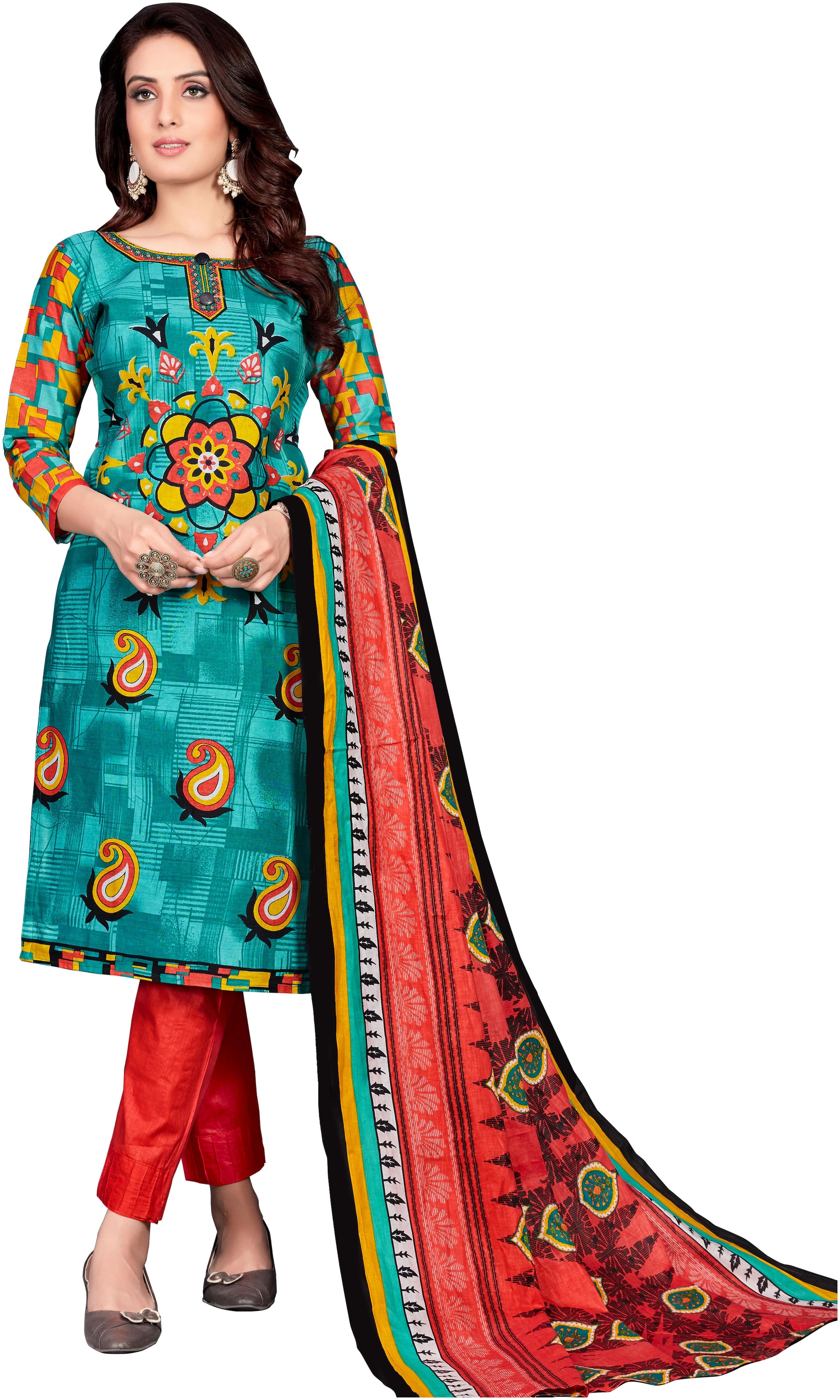 

Drapes Turquoise Unstitched Kurta with bottom dupatta With dupatta Dress Material