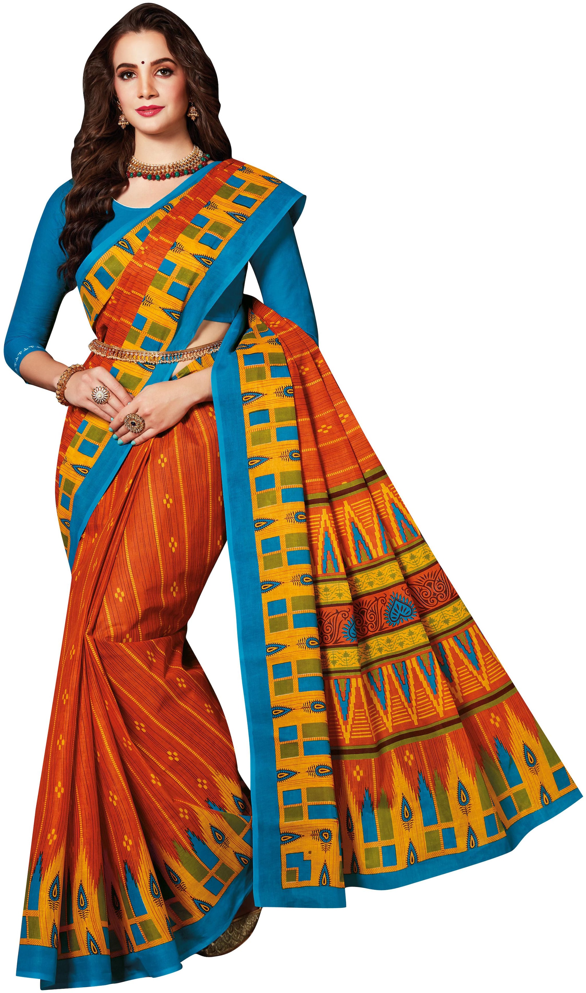 

Drapes Cotton Printed Orange Regular Saree For Women