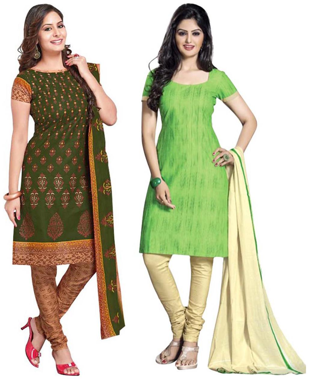 

Drapes Green And Green Cotton Unstiched Pack Of 2 Suit
