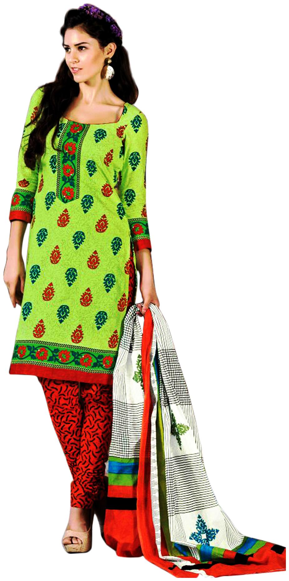 

DRAPES Green Cotton Printed Dress Material