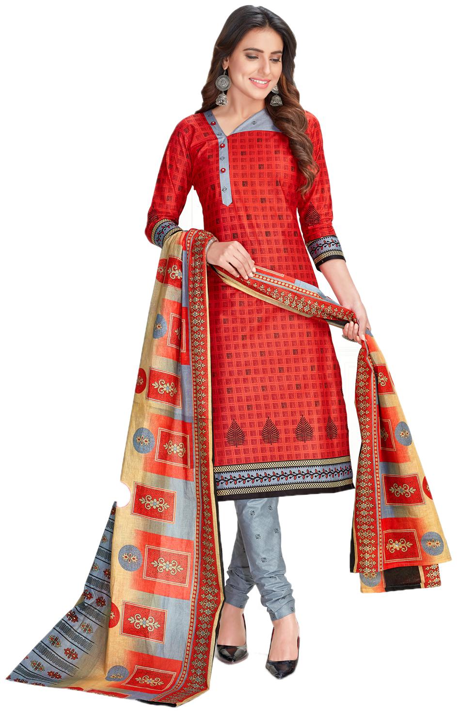 

Drapes Red Unstitched Kurta with bottom dupatta With dupatta Dress Material